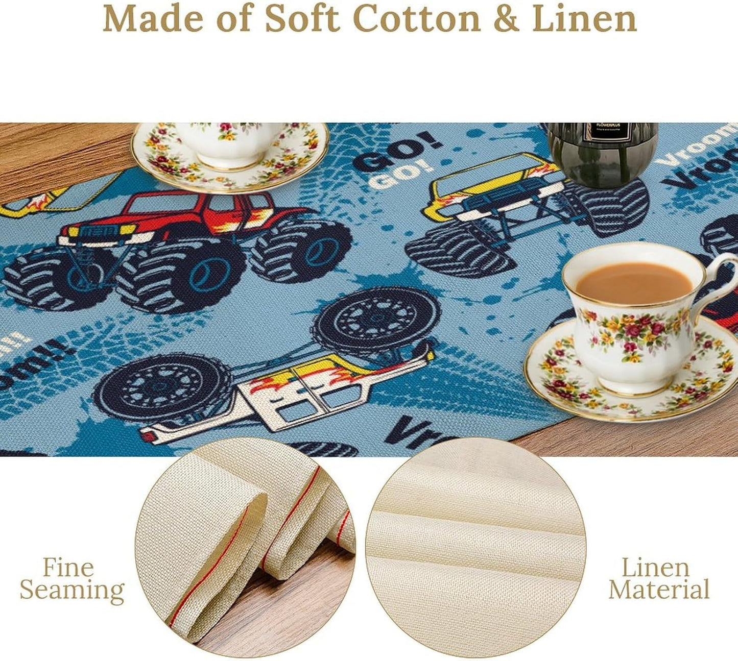 Monster Truck Table Runner,for Kids Boys Cool Colorful Cartoon Blue Cars Pattern Print Tablecloth Burlap for Hotel Indoors Outdoor Dining Room Kitchen Home Decor,W13X L36 in