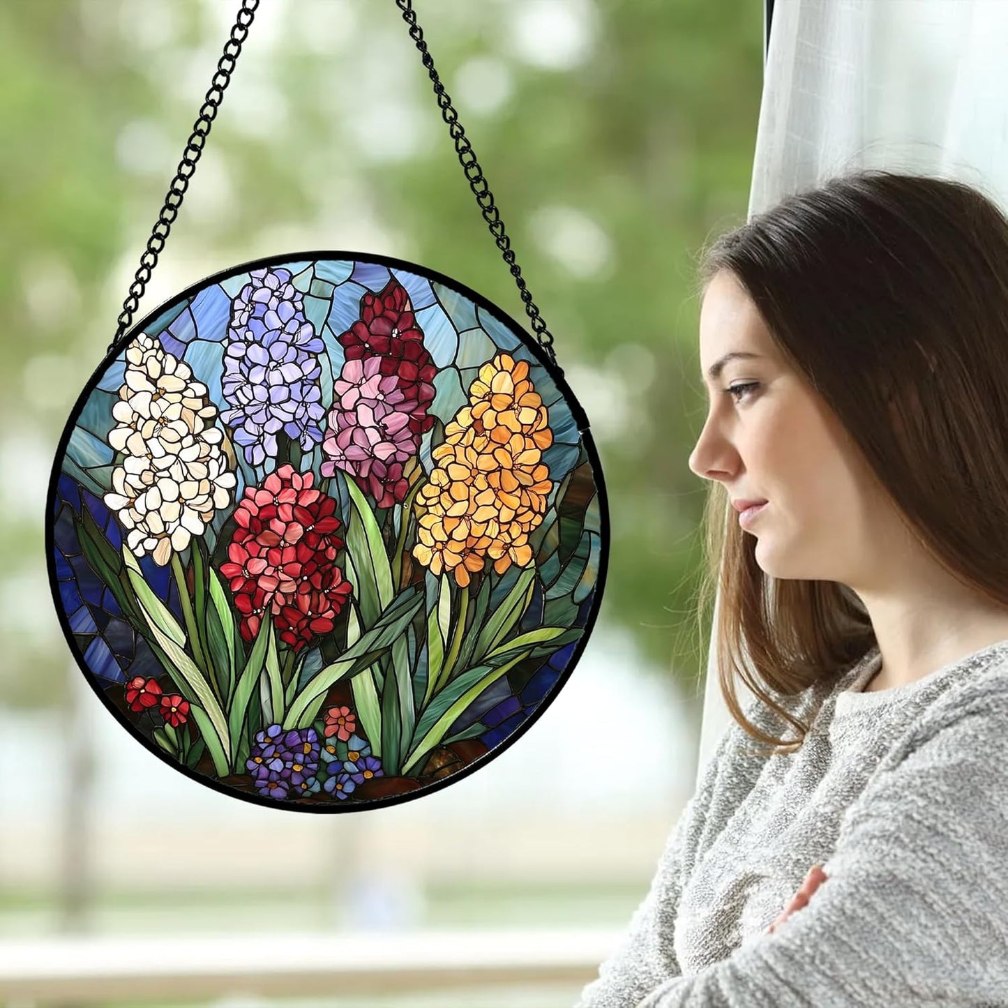 Stained Glass Window Hanging, Colorful Hyacinth Flowers Suncatcher for Doors Window Home Plant Sun Catchers Decoration Mother's Day Birthday Gifts for Women, Men, and Mom 6.3x6.3 in
