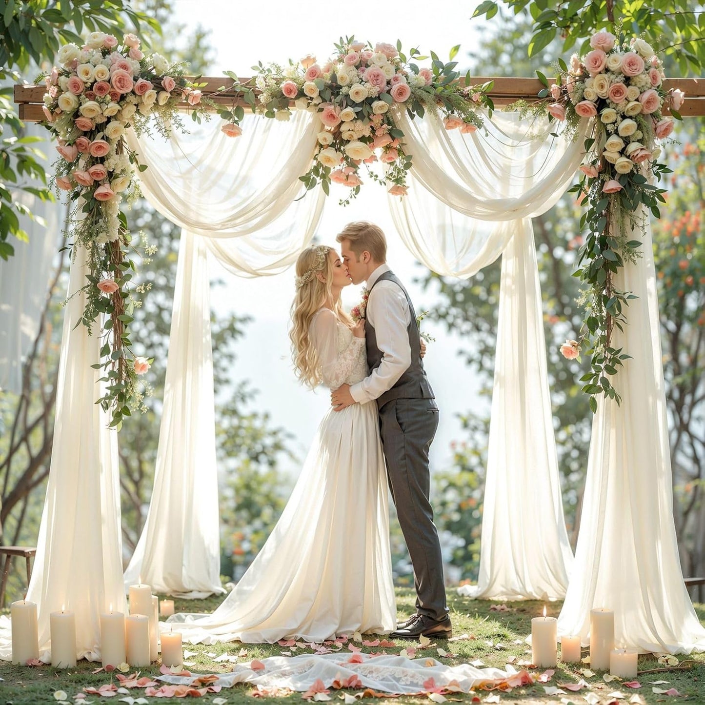 Wedding Arch Draping Fabric,2 Panels 18FT Beige Arch Drapes Chiffon Fabric Drapery Decorations for Ceremony Reception Party Ceiling Backdrop