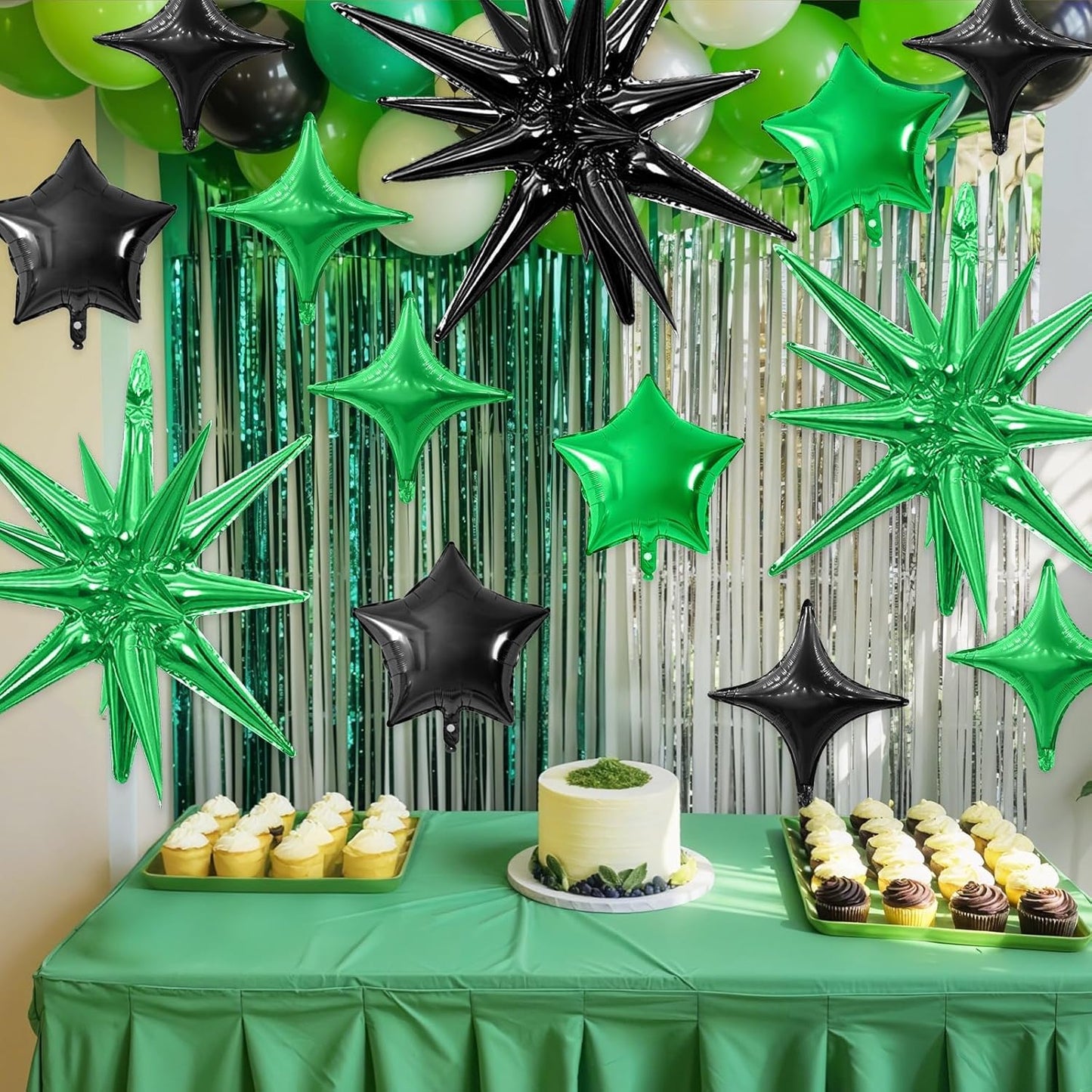 Black Green Star Balloon,16Pcs Star Foil Balloons Set with 22Inch Explosion Spike Cone Balloons and 10Inch Quadrangle Helium Balloon for Birthday Wedding Baby Shower and Halloween Party Decorations