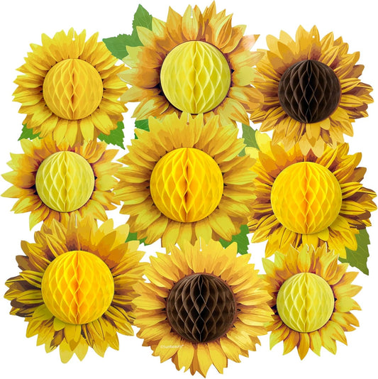 SUNBEAUTY 9 PCS 10 Inches Sunflower Decorations for Party 3D Large Honeycomb Hanging Paper Decorations Birthday Yellow Ceiling Wall Tissue Flowers Summer Fall Sunflower Farm Paper Flowers Decorations