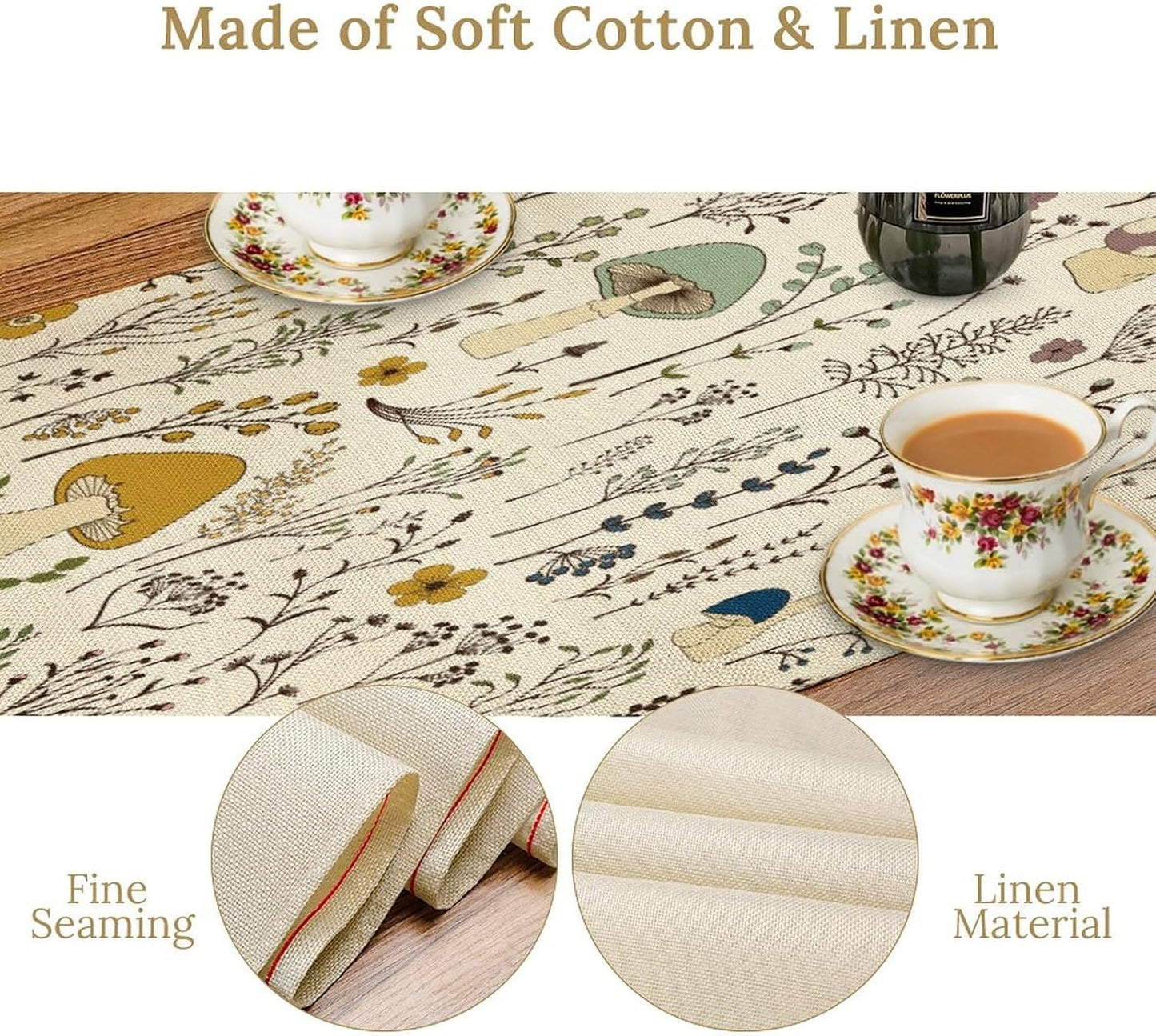 Mushroom Table Runner,Colorful Wild Plants and Fungus Botanical Plants Pattern Print Burlap for Hotel Indoors Outdoor Dining Room Kitchen Holiday Party, 13x60in