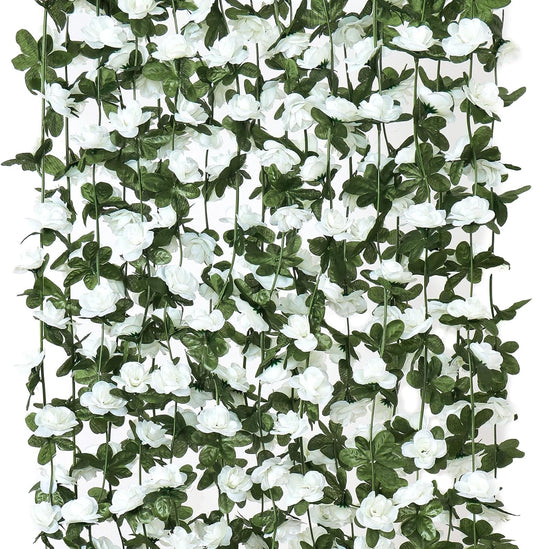 KHOYIME 9 Pack 72 FT Artificial Flower Garland, Fake White Roses Vines Silk Flowers Faux Plastic Outdoor Hanging Floral Ivy Garland Decoration for Wedding Arch Bedroom Home Wall Backdrop Room Decor