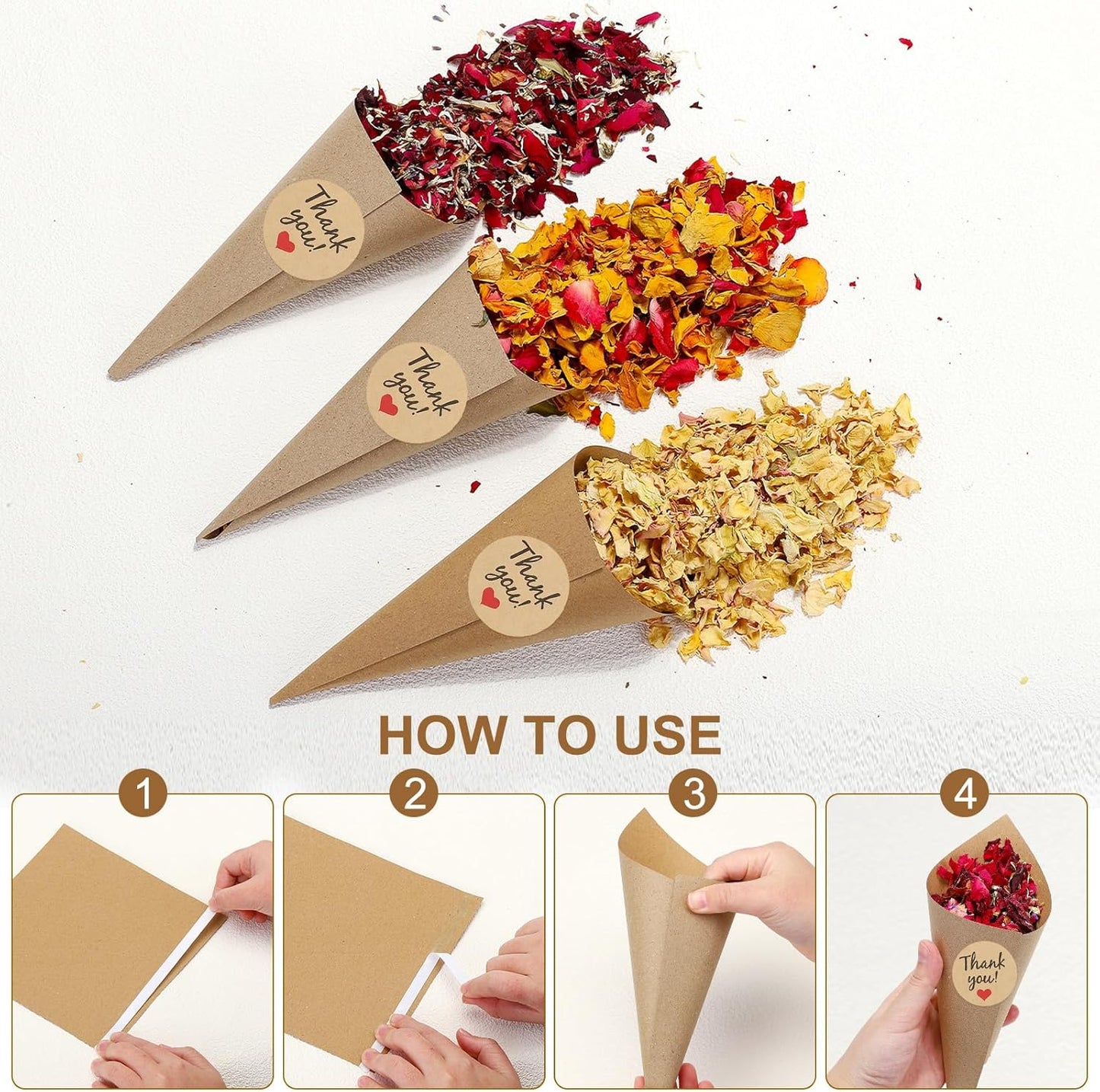 PATIKIL Dried Flower Confetti Cones, 30Pcs Paper Tapers Cone Holder with Dried Rose Petals / Sticker for Wedding Party Engagement Birthday DIY Decoration, Red/Purple