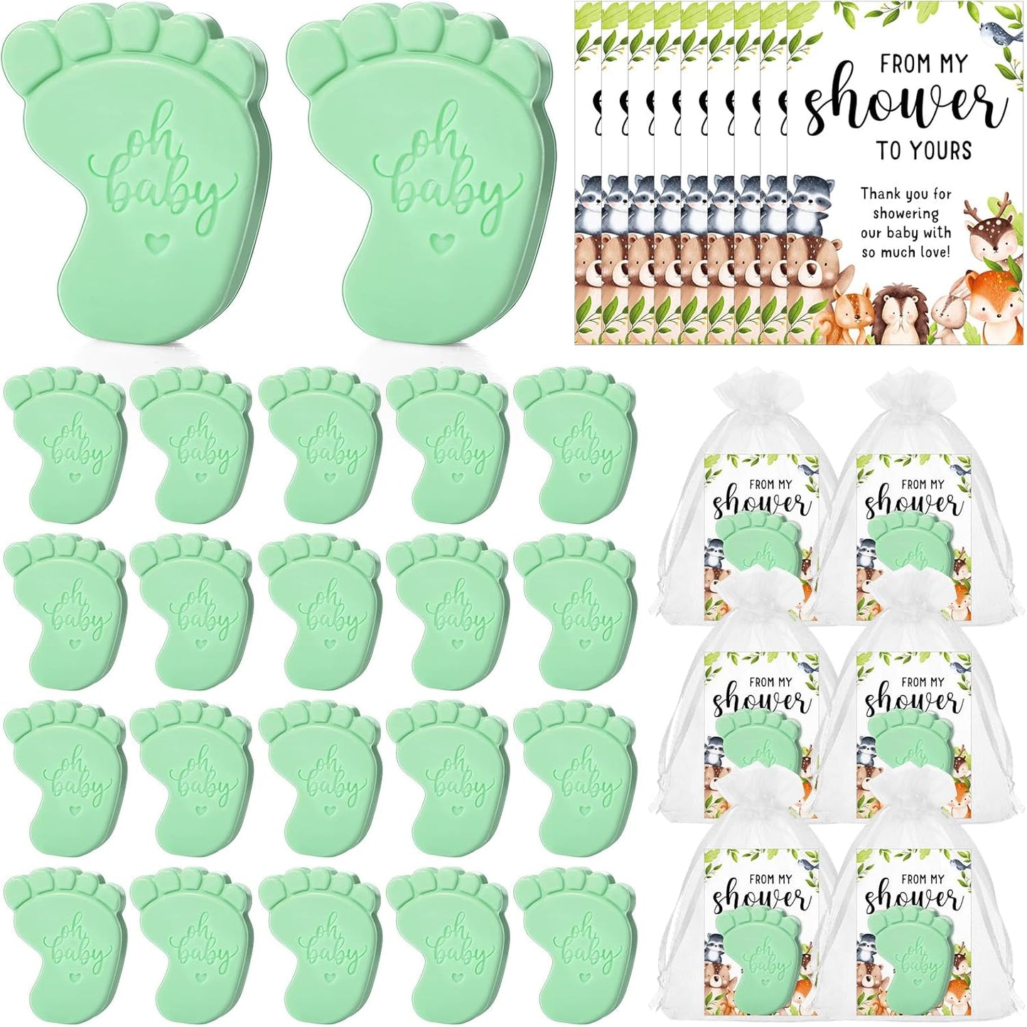 50 Sets Baby Shower Soap Favors for Guests - Mini Handmade Footprint Scented Soap with Thank You Cards and Organza Bag, Party Gifts for Gender Reveal Baptism Shower(Light Green)
