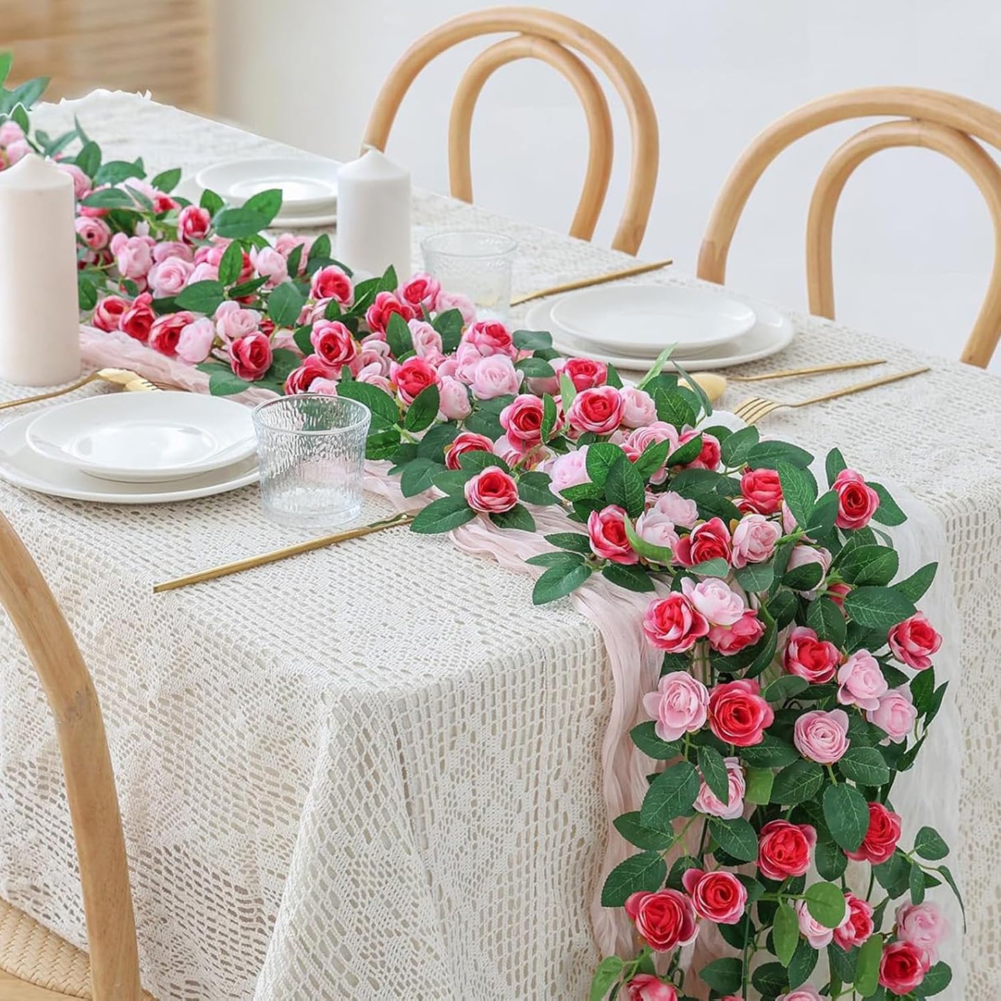 4 Packs Artificial Rose Garland: 31.48Ft Each Fake Flower Vine with Improved Color & 10 Ties for Wedding Arch Backdrop, Home Wall Party Decor, Christmas Decor, Pink