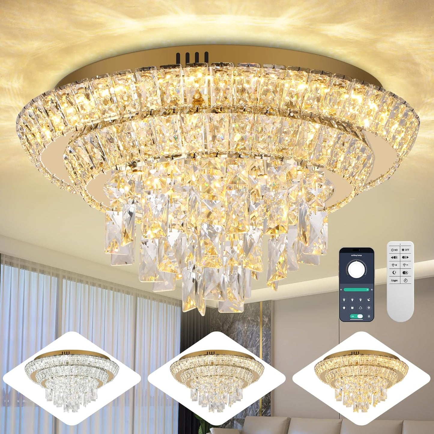 18 inch Crystal Gold Ceiling-Light Flush Mount with Remote Control and APP, 3CCT Dimmable & Brightness Adjustable, Modern Crystal Raindrop Chandeliers for Bedroom Hallway Dinning Room Living Room