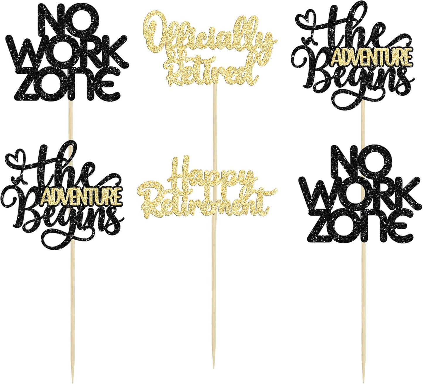 24Pcs Happy Retirement Cupcake Toppers Officially Retired Cake Toppers No Work Zone Adventure Begins Cupcake Picks Retirement Theme Farewell Birthday Party Decorations Supplies Black Gold
