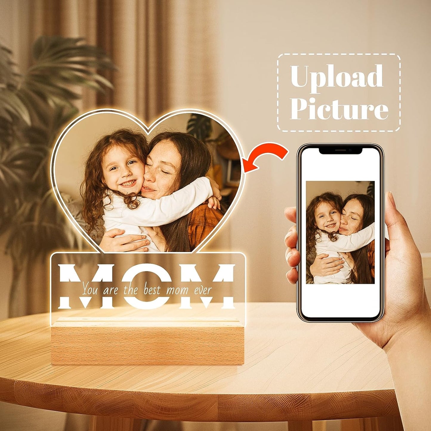 Personalized Birthday Gifts for Mom from Daughter and Son, Custom Heart Picture Frames with Photo, Personalized Photo Frame with Night Light, Customized Mom Gifts for Baby Kids Family