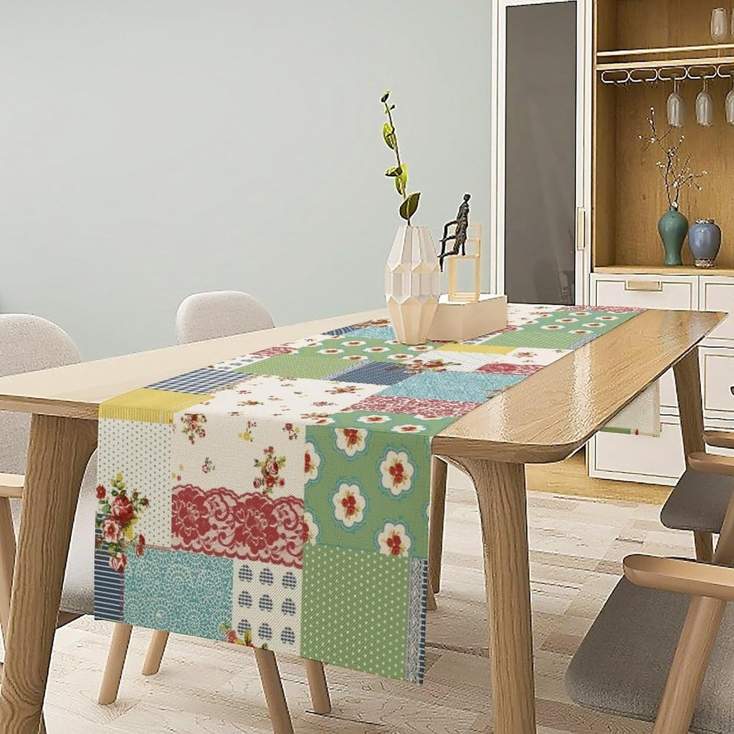 Patchwork Boho Table Runner,Vintage Colorful Floral Plaid Polka Dot Print Tablecloth Burlap for Hotel Indoors Outdoor Dining Room Kitchen Home Decor,W13X L60 in