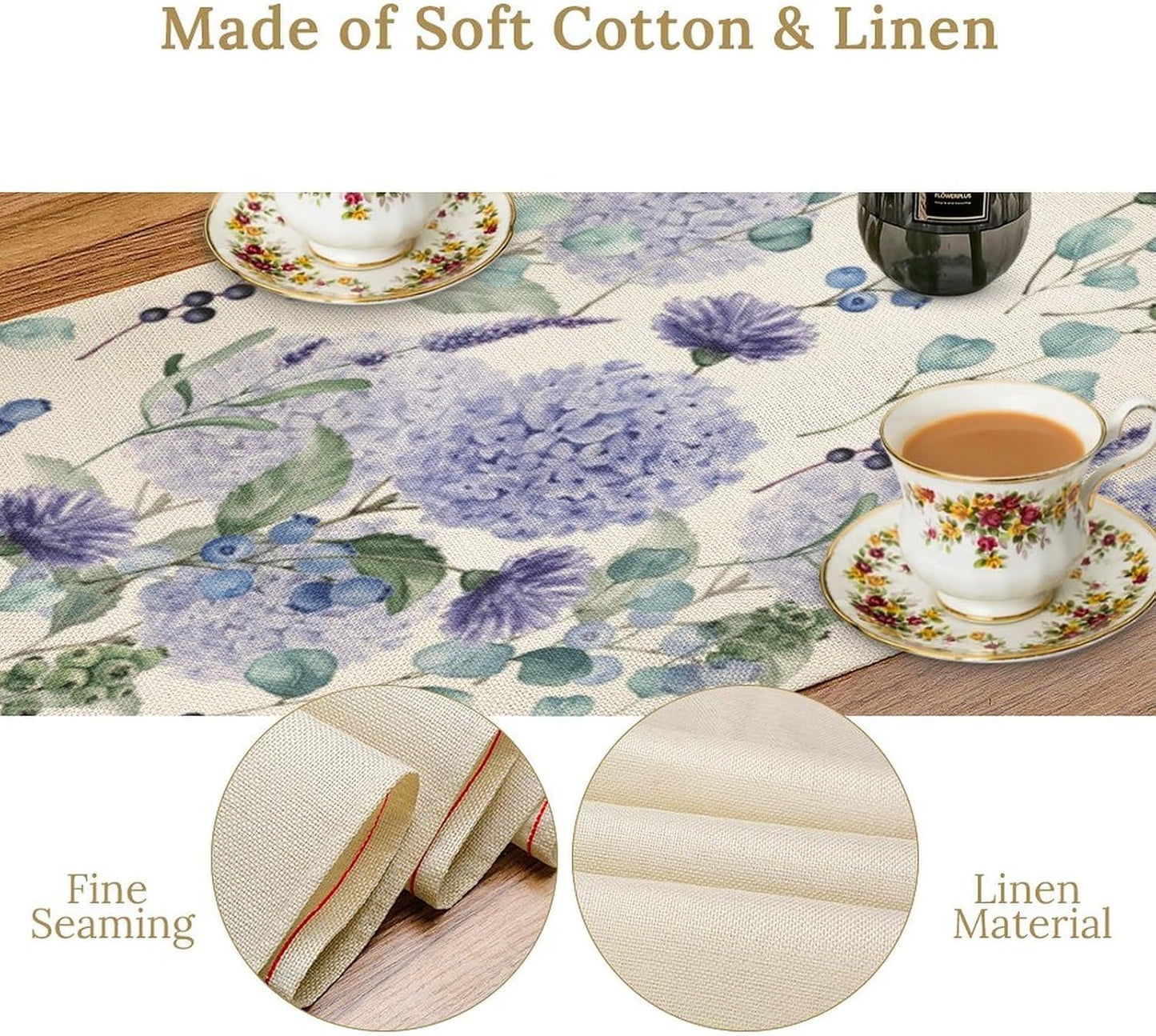 Spring Hydrangea Flower Table Runner, Seasonal Summer Plants Watercolor Eucalyptus Leaves Purple Florals Dinner Runner for Home Kitchen Dining Table Party Holiday Decoration 13"x108"