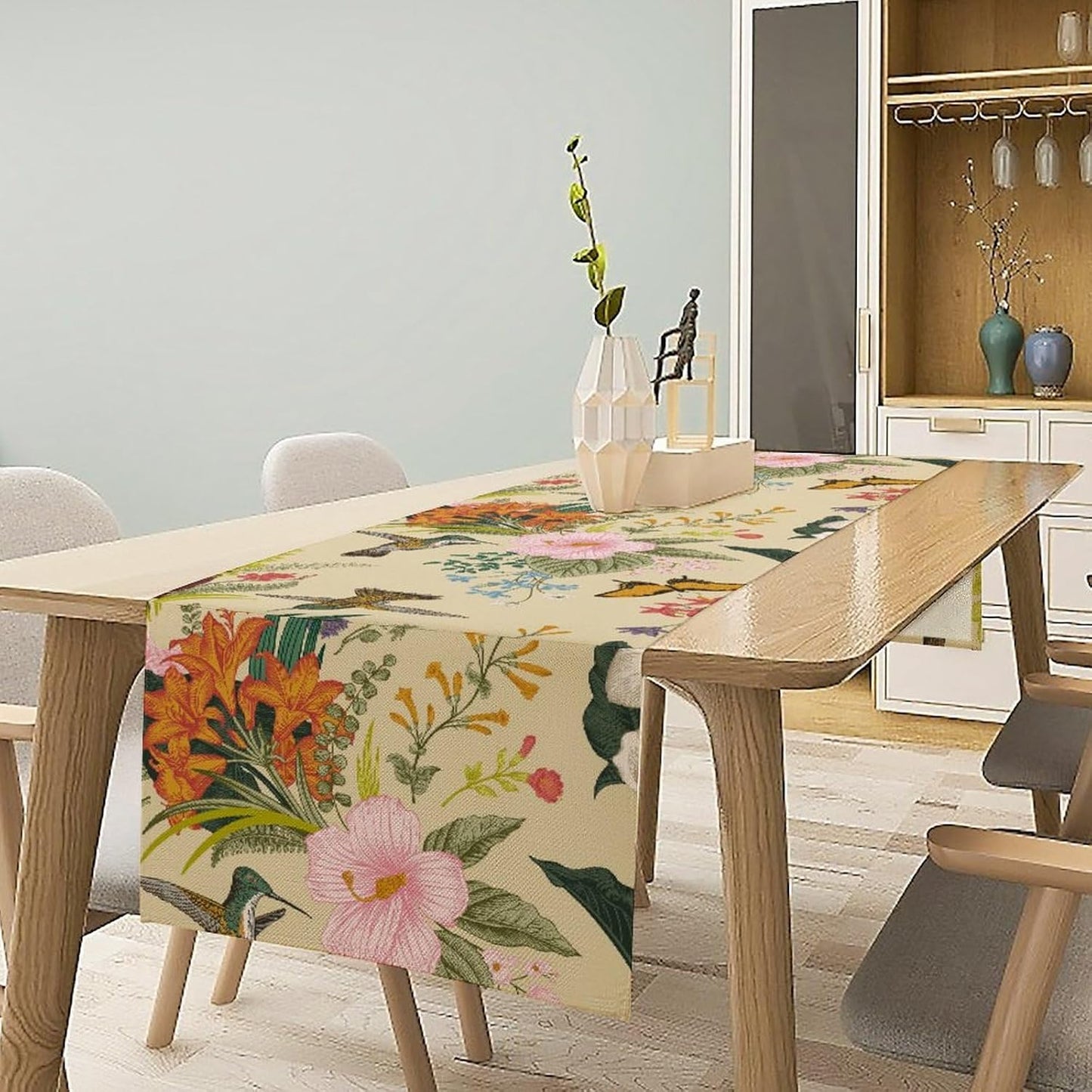 Brown Bird Floral Table Runner Spring Flower Kitchen Table Decoration Suitable for Family Dinner Decoration 13x60 Inch