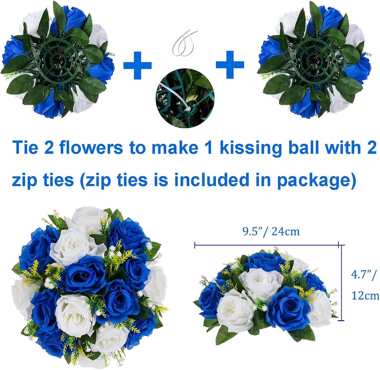 BLOSMON Royal Blue White Flowers: 2 Pcs Fake Roses Flower Balls Centerpiece for Wedding Table - Artificial Silk Kissing Bouquet Floral Arrangement for Home Party Event Decor