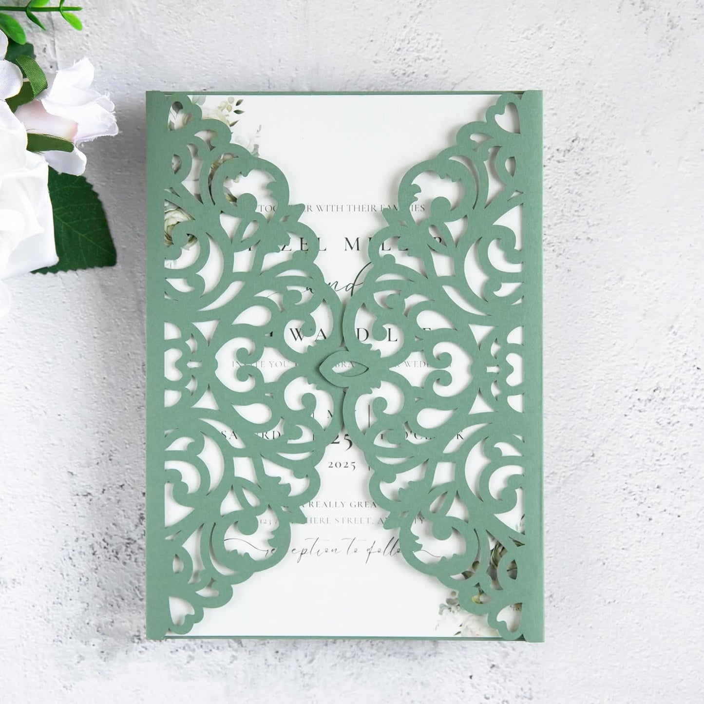 20Pcs Sage Green Laser Cut Invitation Cards With Blank Inner Sheets for Wedding Cards Bridal Shower Engagement Quinceanera Invitation (No Envelopes)