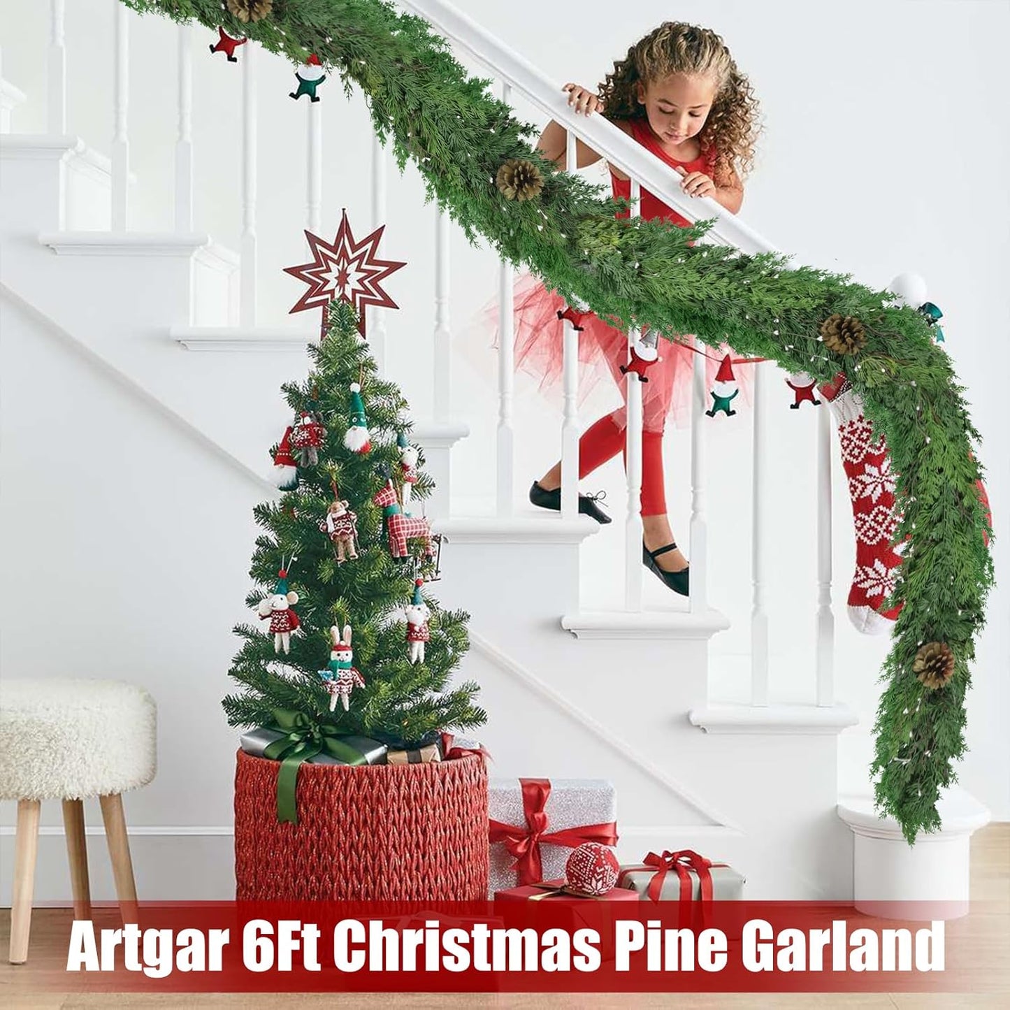 Artgar 6 Ft Christmas Cedar Garland - Realistic Greenery Cypress Garland with Pinecone - Artificial Real Touch Pine Garlands for Outdoor Home Dining Table Mantel Stair Porch Winter Xmas Decor