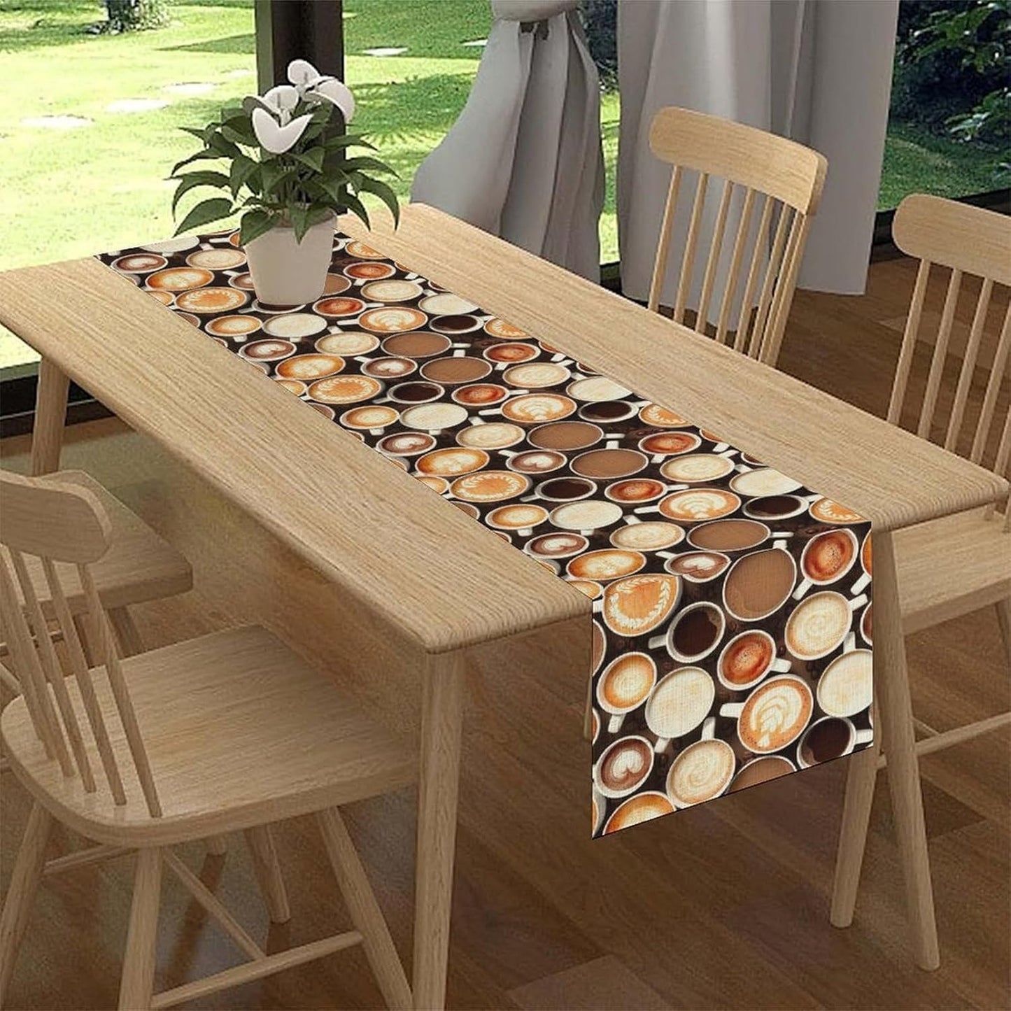 Coffee Theme Table Runner, Farmhouse Coffee Cup Latte Cappuccino Tea Party Rustic Cafe Table Center Decor for Home Kitchen Dining Patio Holiday Party Indoor Outdoor Table Decorations,13"x72" Inch