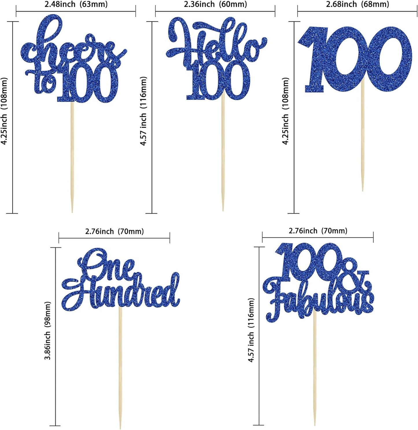 30pcs Happy 100th Birthday Cupcake Toppers - Deep Blue Glitter One Hundred Cheers to 100 Years Old Cupcake Picks for Anniversary Party Cake Decorations