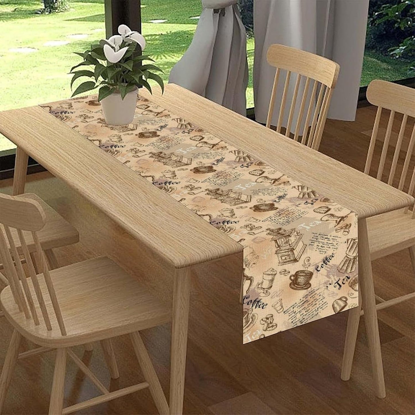 Coffee Theme Table Runner, Rustic Farmhouse Coffee Cup Tea Party Cafe Table Center Decor for Home Kitchen Dining Patio Holiday Party Indoor Outdoor Table Decorations,13"x72" Inch