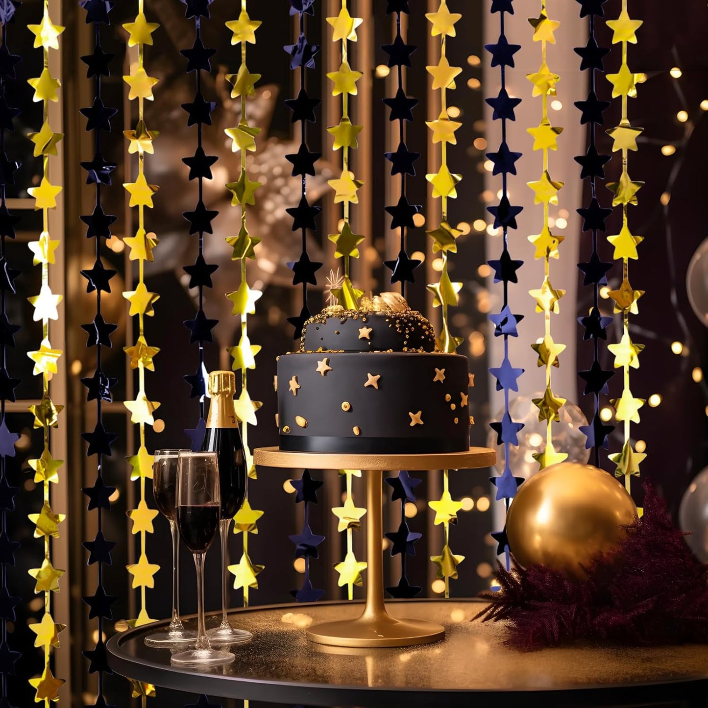 LOLStar Black and Gold Star Birthday Party Decorations 2Pack 3.3X6.6 ft Golden Photo Booth Props Backdrop Streamers Star Foil Fringe Curtains for Men 2025 Graduation Decors Black Yellow Party Supplies