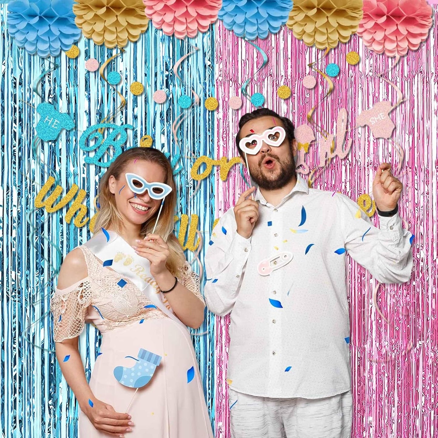 6 Pack Pink Blue Foil Fringe Curtains Backdrop, 3.28 x 8.2 Ft Metallic Streamers Tinsel Curtains Background for Photo Booth, Birthday, Weddings, Carnivals, Graduation, Themed Party Decorations