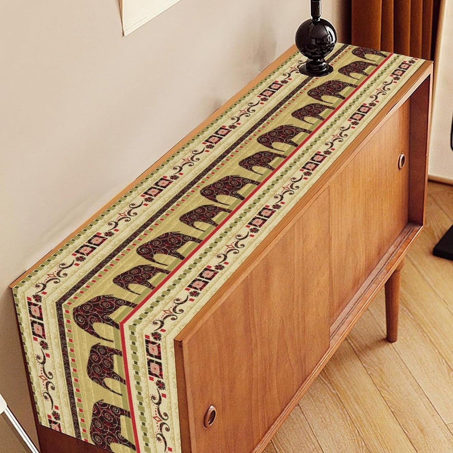 Boho Elephant Table Runner, Vintage Tribal Traditional Bohemian African Animals Ethnic Folk Table Center Decor for Home Kitchen Dining Patio Holiday Party Indoor Table Decorations, 13"x36" Inch