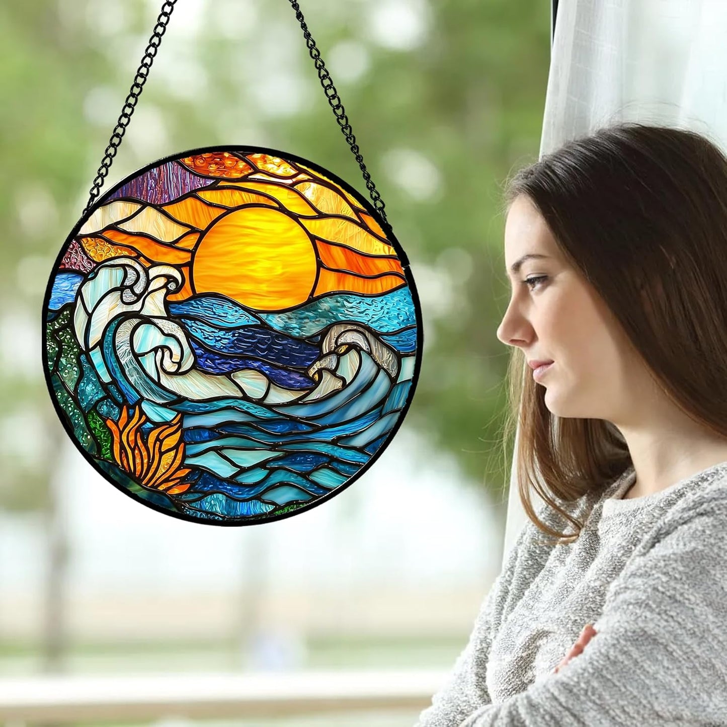 Stained Glass Window Hanging, Orange Sun Blue Sea Waves Landscape Suncatcher for Doors Window Home Sun Catchers Decor Mother's Day Birthday Gifts for Women, Men Mom 11.8 in