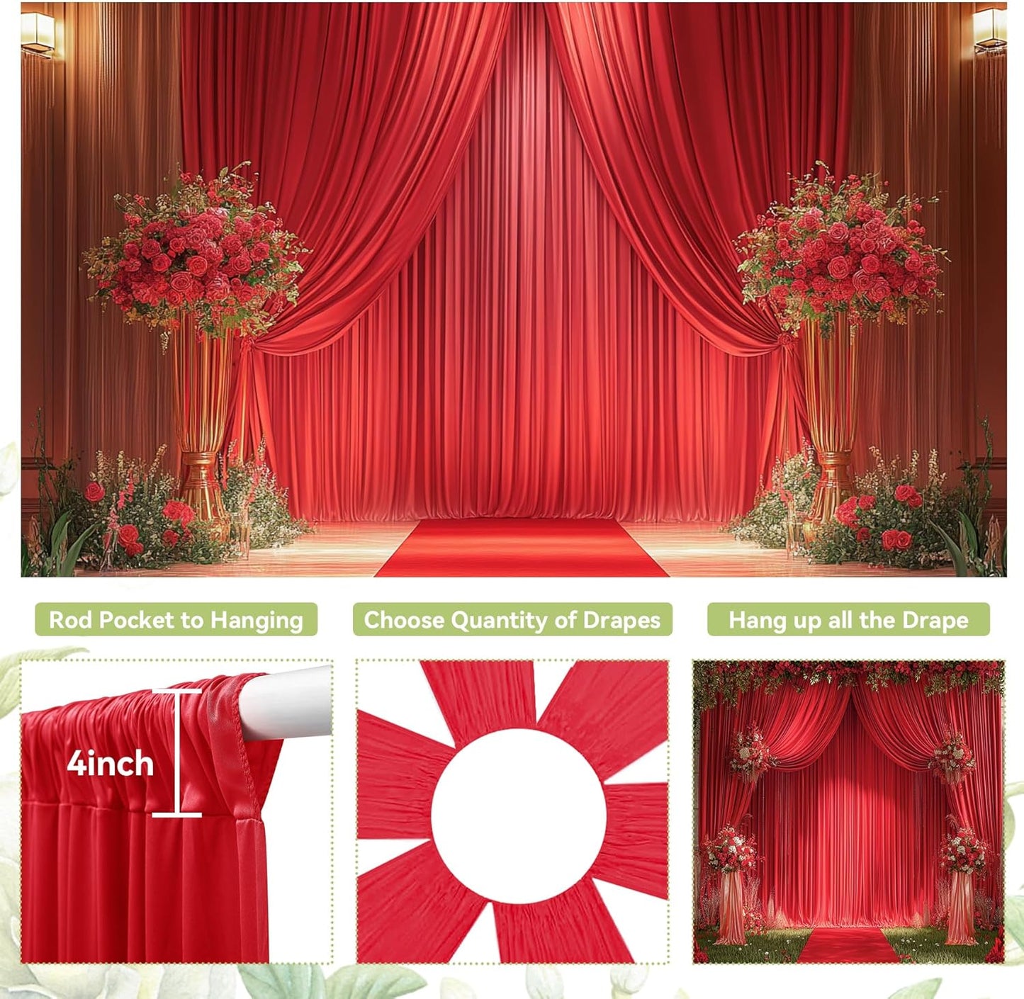 PartyVillage 50ft×15ft Red Backdrop Curtain for Wedding Parties, 10 Panels Wrinkle Free 15 FT Long Polyester Photo Backdrop Drapes Back Drop Cloth for Birthday Photography Background