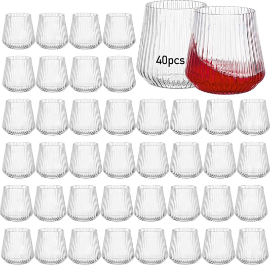 40 Pcs Disposable Stemless Wine Glasses, 12OZ Plastic Wine Cups, Origami Style Unbreakable Drinking Glasses, Bulk pack Acrylic Whiskey Cocktail Glasses, Shatterproof martini glasses