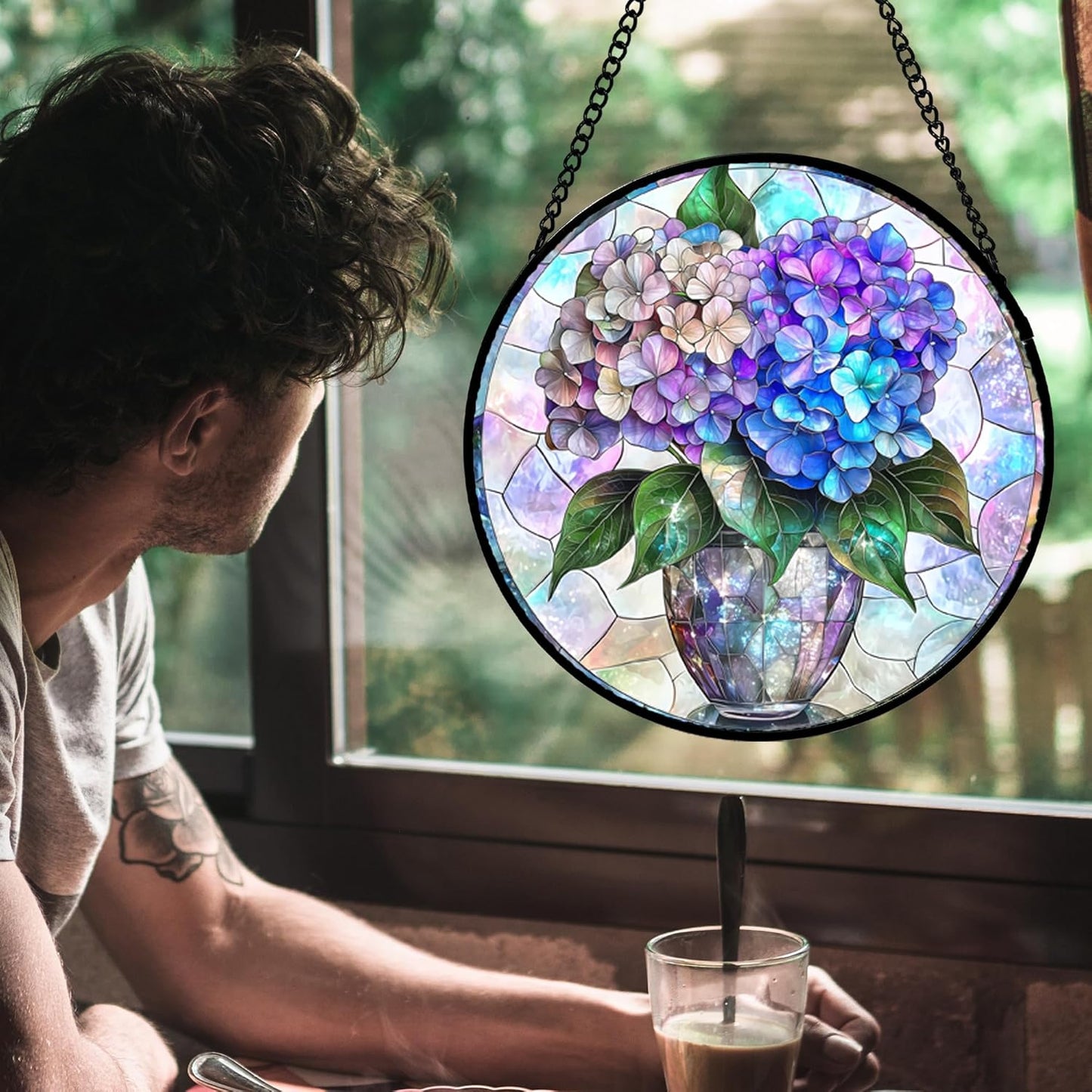 Stained Glass Window Hanging, Blue Purple Hydrangea Flowerpot Suncatcher for Doors Home Sun Catchers Decoration and Christmas, Mother's Day Birthday Gifts for Women, Men, and Mom 7.8 in