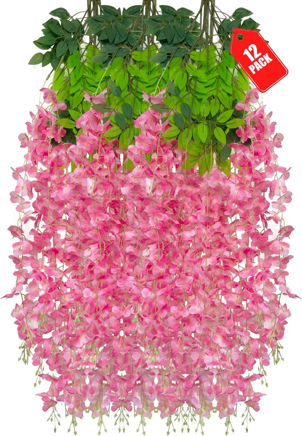 12 Pack Dark Pink Wisteria Hanging Flowers, 3.44 Ft Fake Hanging Flowers, Artificial Wisteria Garland Vines for Wedding Room Backdrop Outdoor Patio Garden Decoration