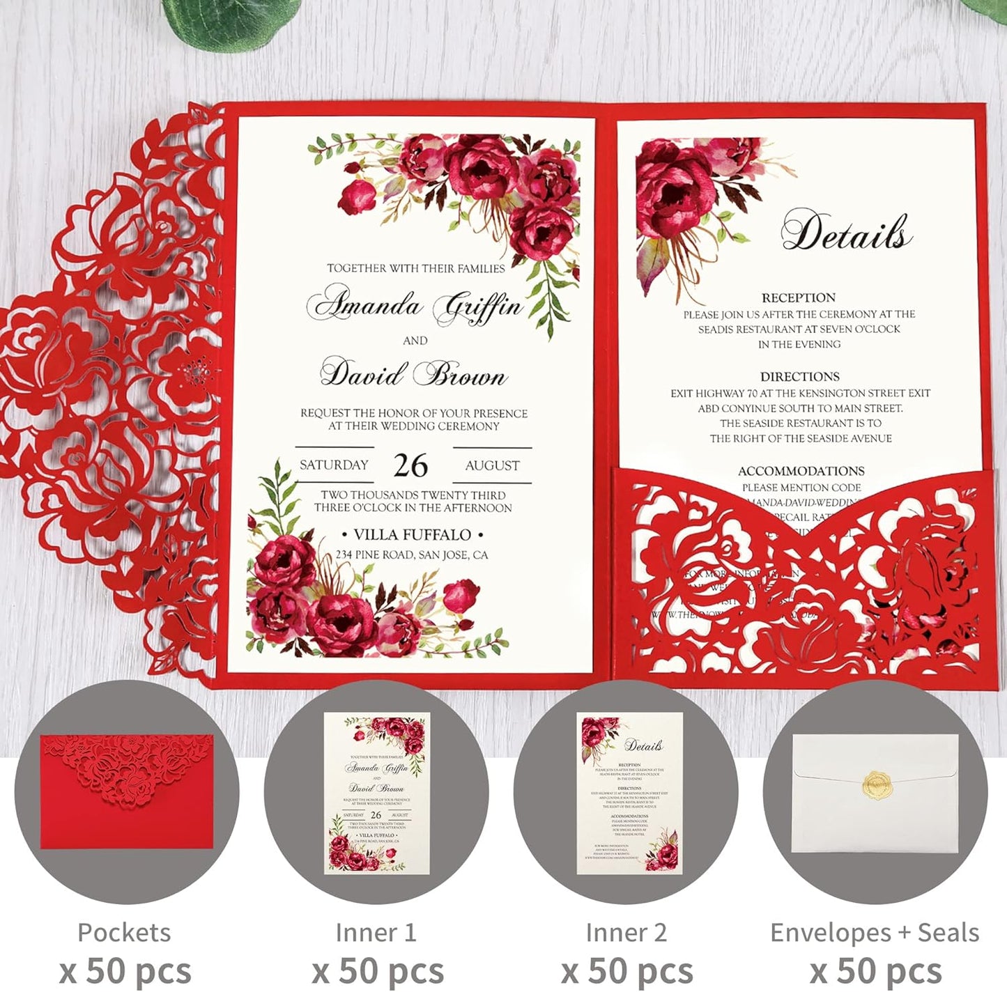 DORIS HOME 50pcs Laser Cut Wedding Invitations with Envelopes Red, 4.7x7.1 Personalized Invitation Cards for Wedding, Anniversary Invitations with Envelopes