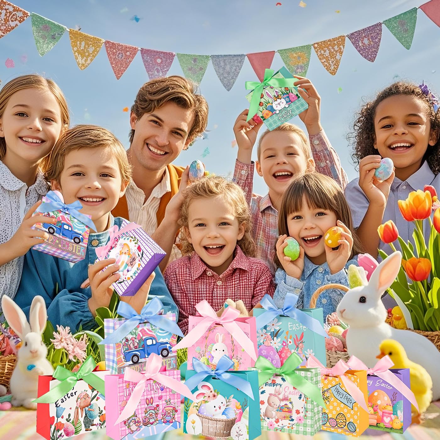 24Pack Small Easter Bags for Goodies,4.5×3.9×1.8inch Small Easter Treat Bags for Kids, Candy, Gifts Wrapping, Party Supplies 12 Unique Pattern