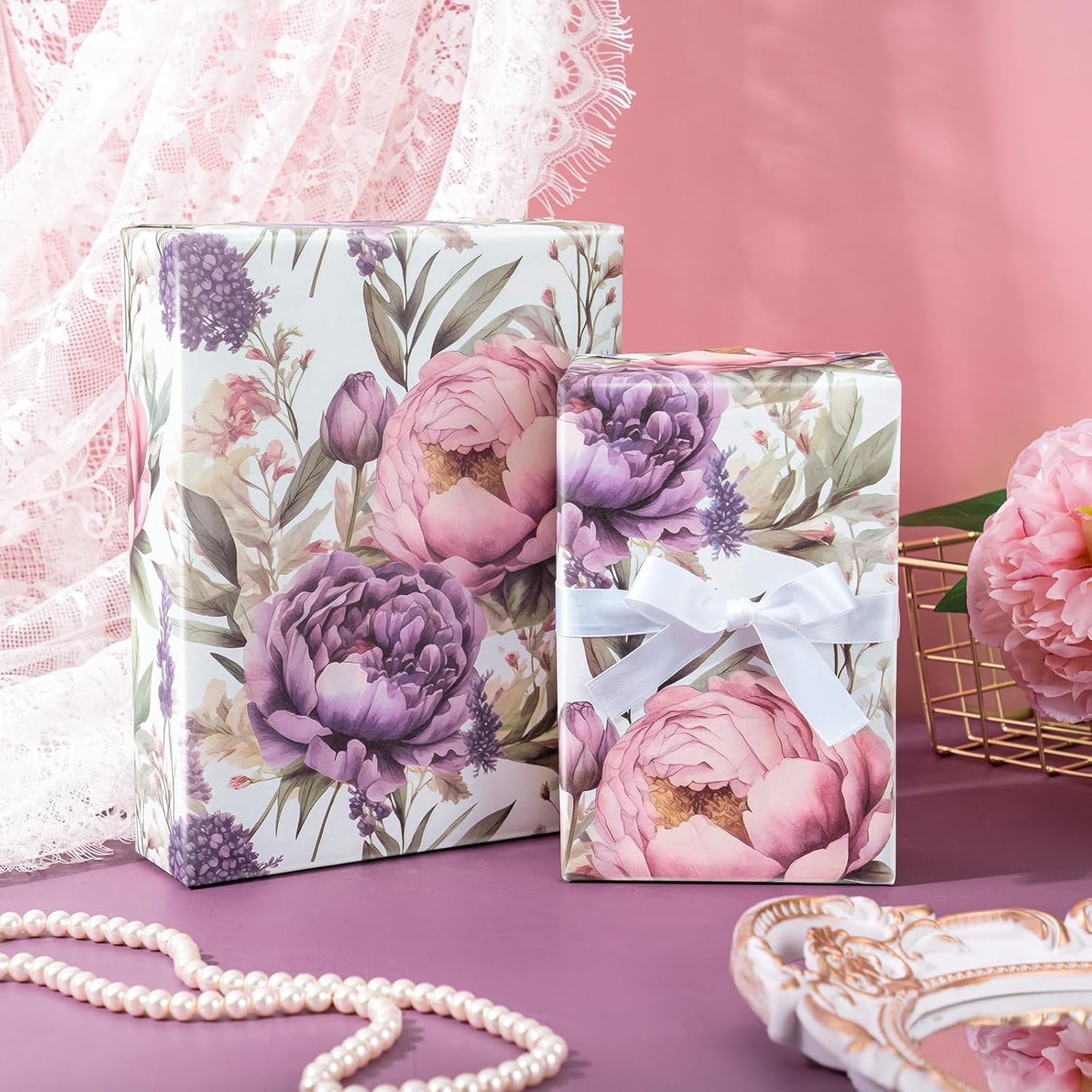 WRAPAHOLIC Floral Wrapping Paper Roll - Mini Roll - 17 Inch x 33 Feet - Purple Flower Wrapping Paper, Perfect for Girls Women Birthday, Wedding, Bridal Shower