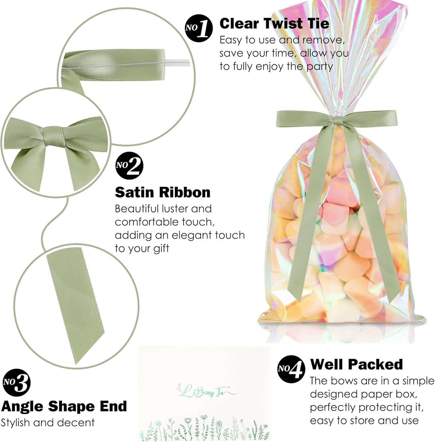 50 PCs Sage Green Bow 5 Inch Long Tail Bows for Gift Wrapping, Wedding Bow Party Decorations, Twist Tie Bows, Satin Bows for Crafts, Premade Bows for Presents, Treat Bags, Bottles, Cakes