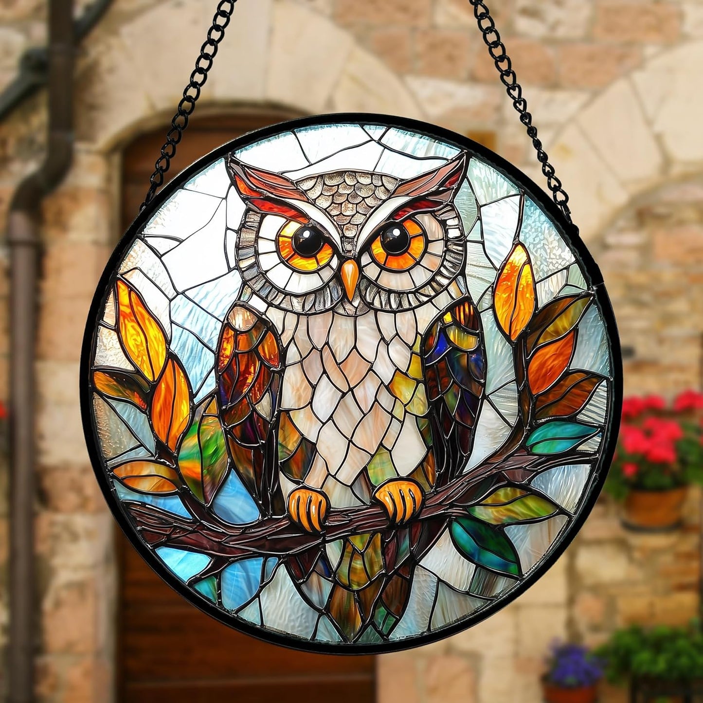 Stained Glass Window Hanging, Owl Colorful Leaves Birds Sun Catchers Diamond Glass Panel Hangings Suncatcher Decor for Birthday for Women, Men, Wife, Aunt, and Mom 6.3 in