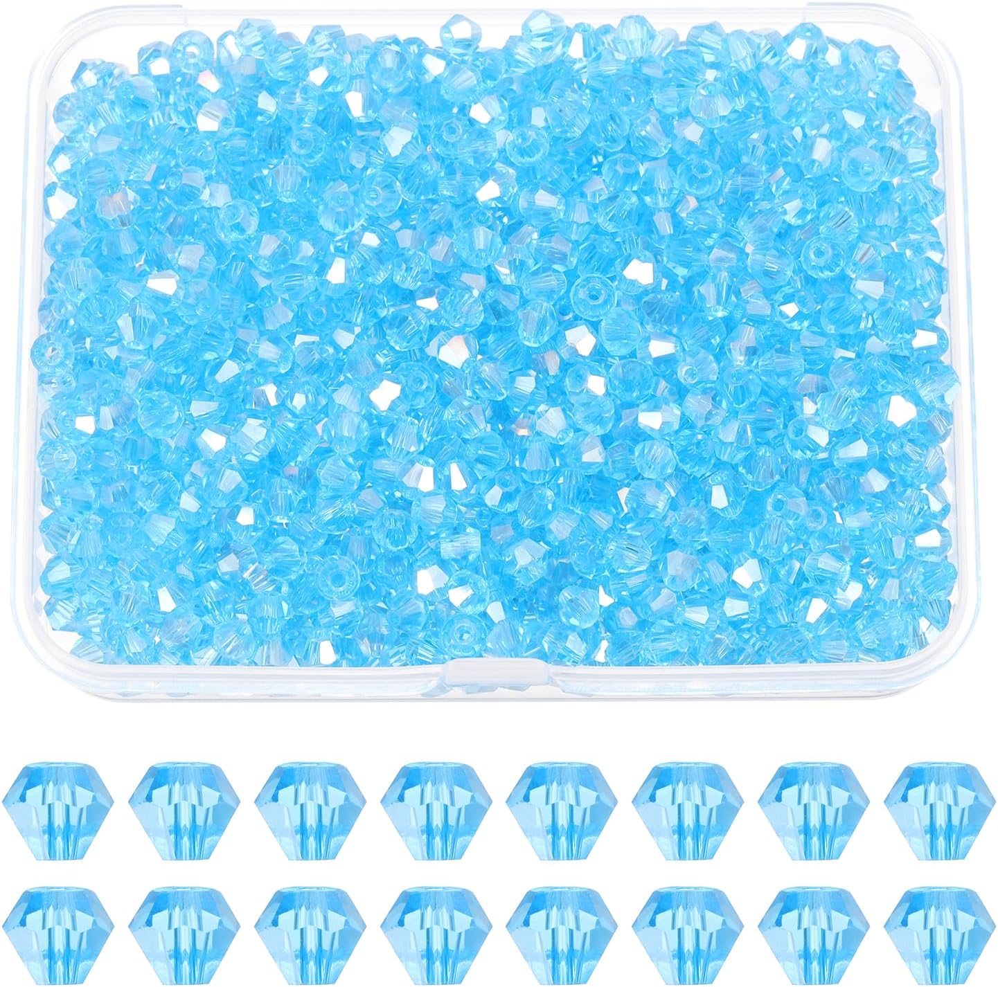 PATIKIL 1000pcs 4mm Bicone Glass Crystal Beads, Faceted Glass Spacer Beads with Box for Jewelry Making Bracelet Necklace Earrings DIY Suncatcher Craft, Sky Blue AB