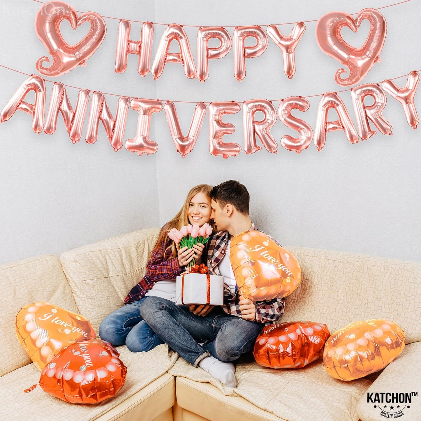 KatchOn Rose Gold Anniversary Balloons - 18 inch Letters, Hook Heart | Rose Gold Anniversary Banner & Backdrop
