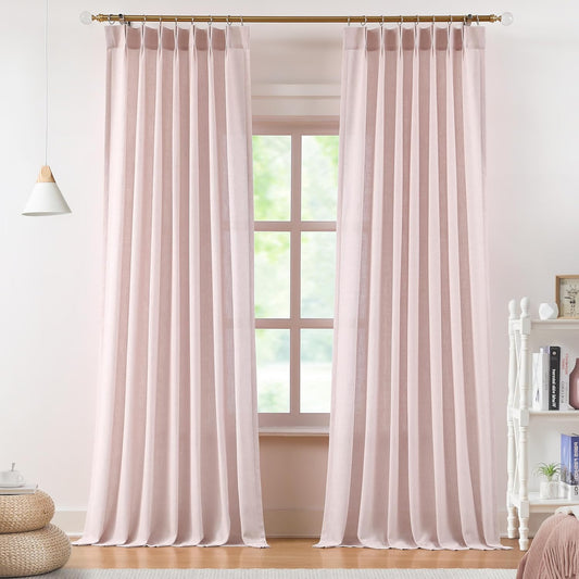 Vision Home Soft Pink Pinch Pleated Semi Sheer Curtains Textured Linen Blended Light Filtering Window Curtains 84 inch for Living Room Bedroom Pinch Pleat Drapes with Hooks 2 Panels 40" Wx84 L