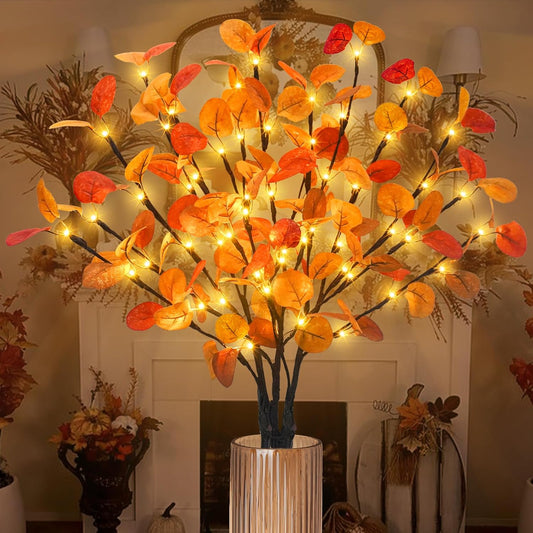 3Pcs Lighted Eucalyptus Leaves Branches, 30” Timer Fall Eucalyptus Stems with Lights,60 LEDs Battery Operated Fall Lighted Tree Branches for vases Home Wedding Table centerpieces Thanksgiving