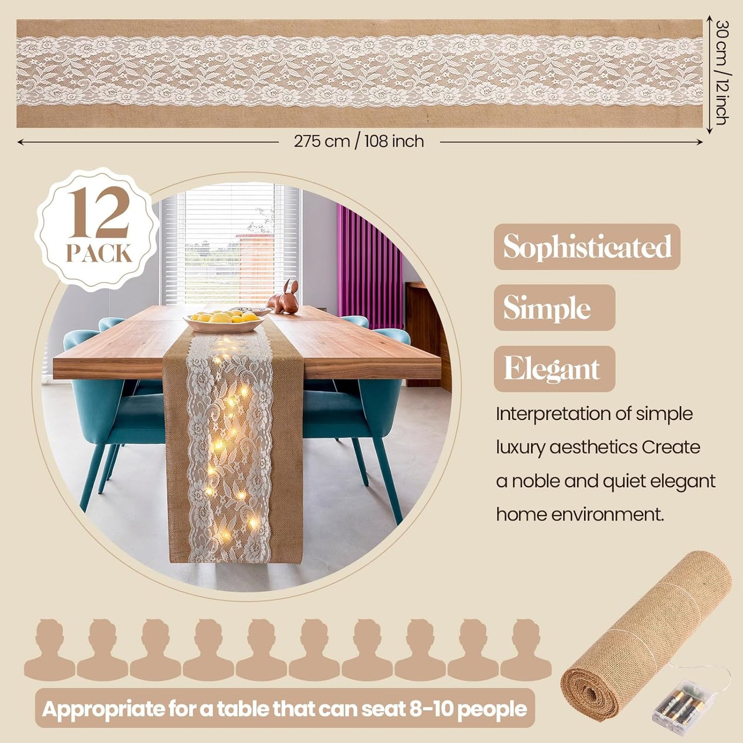 Tudomro 12 Pcs Burlap Table Runner with LED String Lights 12 x 108 Inches Rustic Jute Lace Table Runners Farmhouse Jute Linen Decoration Wedding Decor for Holiday Party Wedding Decorations