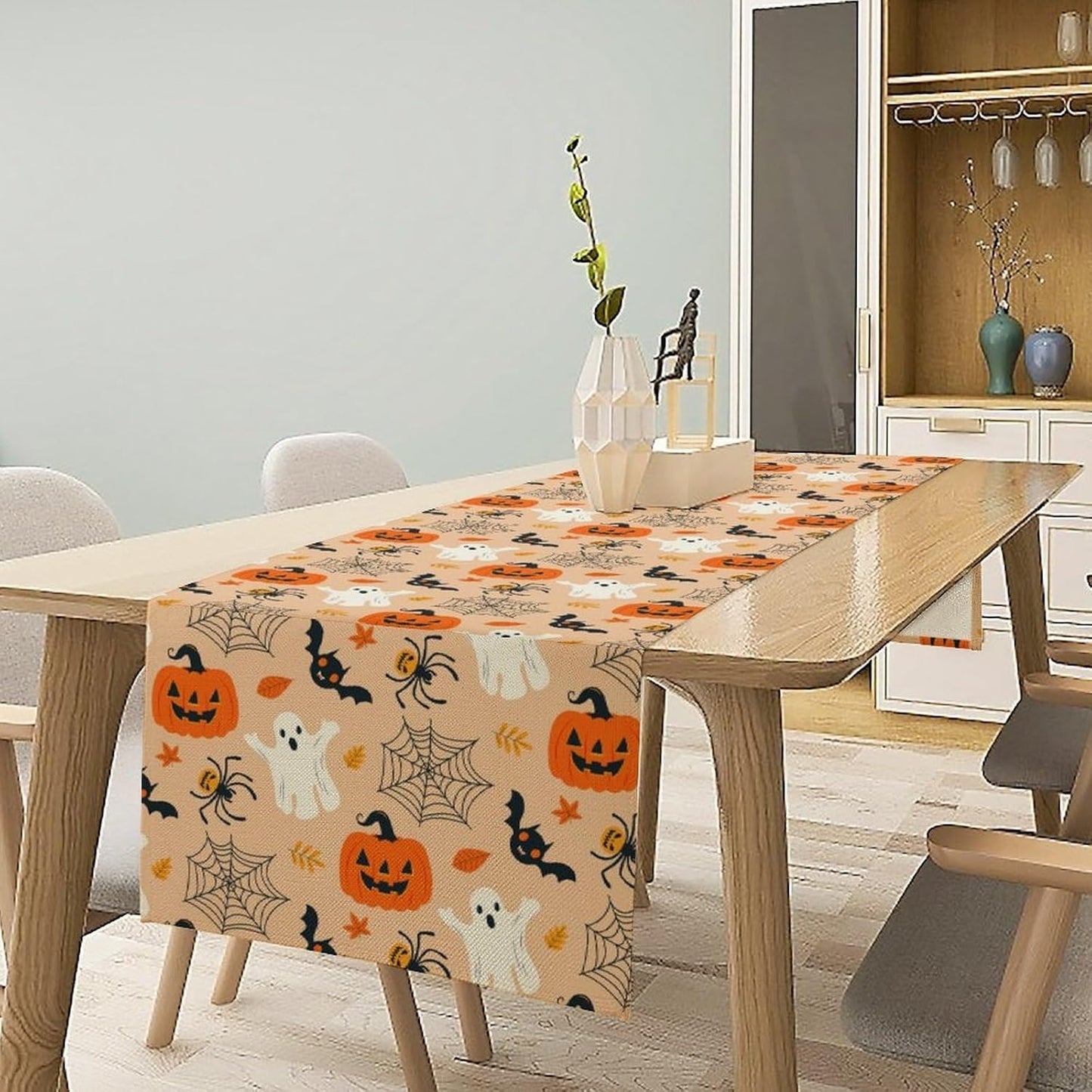Halloween Table Runner,Cute Ghost Pumpkin Leaves Table Runner for Kitchen Dining Table Decoration Home Party Decor 13x70 Inch