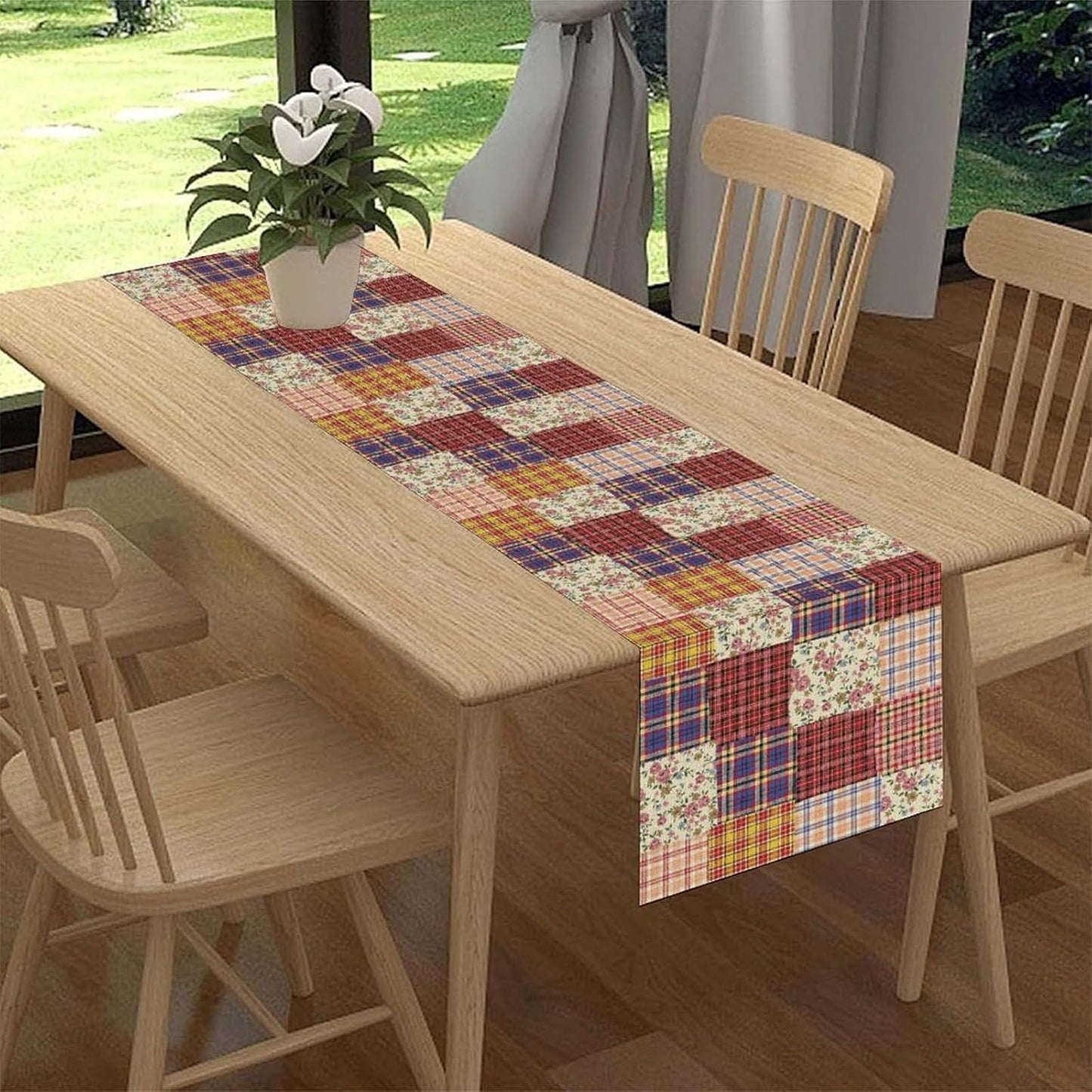Patchwork Table Runner, Boho Vintage Floral Checkered Plaid Bohemian Paisley Flower Farmhouse Table Center Decor for Home Kitchen Dining Patio Holiday Party Indoor Table Decorations, 13"x72" Inch
