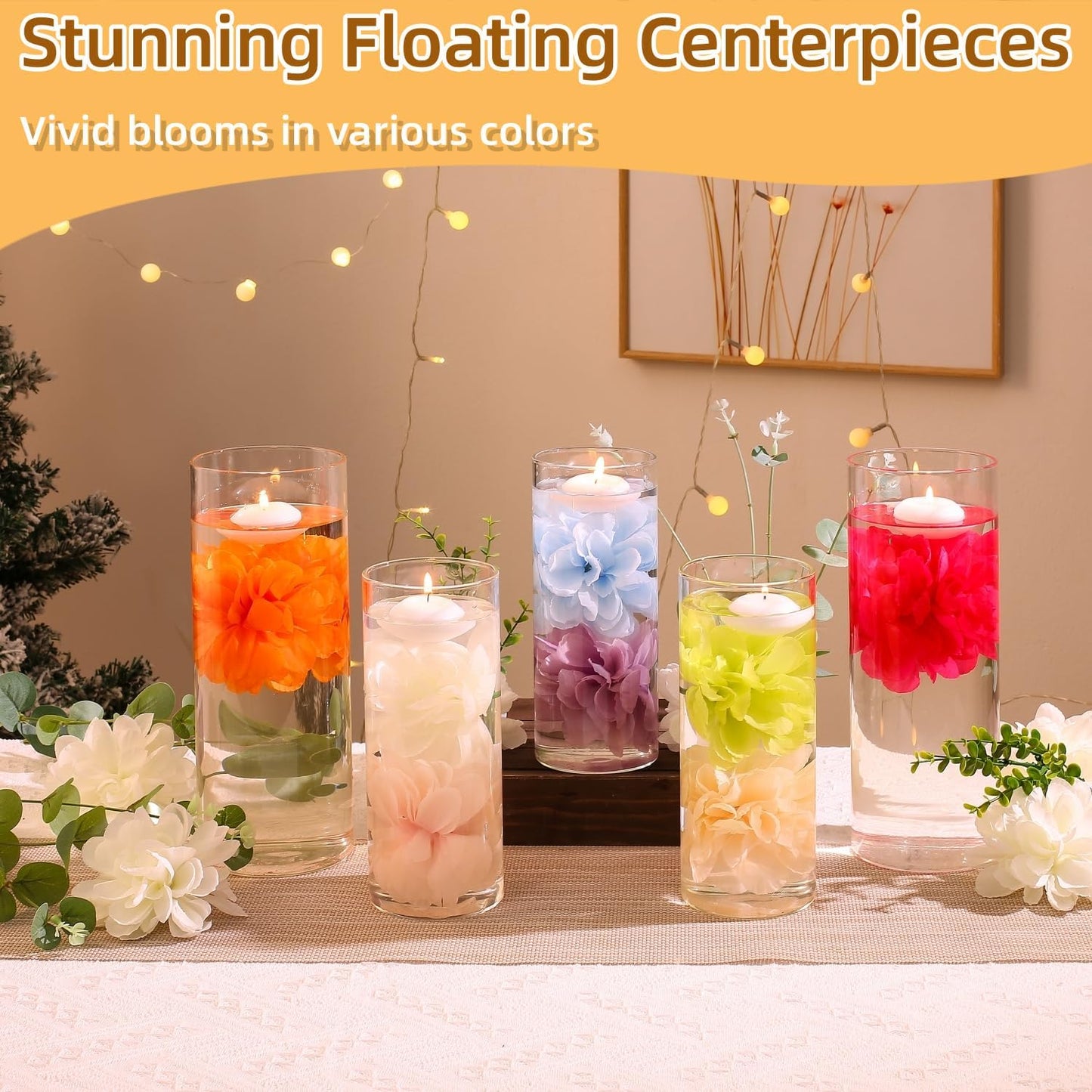 24 Pcs Floating Candles for Centerpieces and Floating Flowers Artificial Flowers Head Vase Filler for Party Home Table Wedding Centerpieces Decoration (Orange)