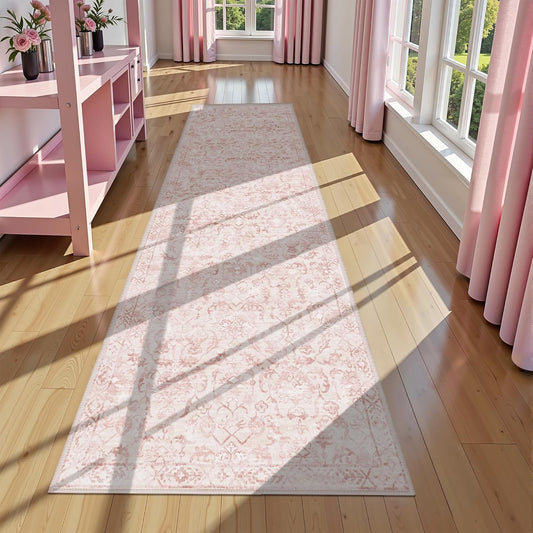 Pink 3x12 Runner Rug for Hallways Bed Side Kitchen, Boho Washable Distressed Low-Pile Floor Entryway Long Bathroom Mat, Non-Slip Laundry Room Washstand Front Carpet Green 36x144 Inch