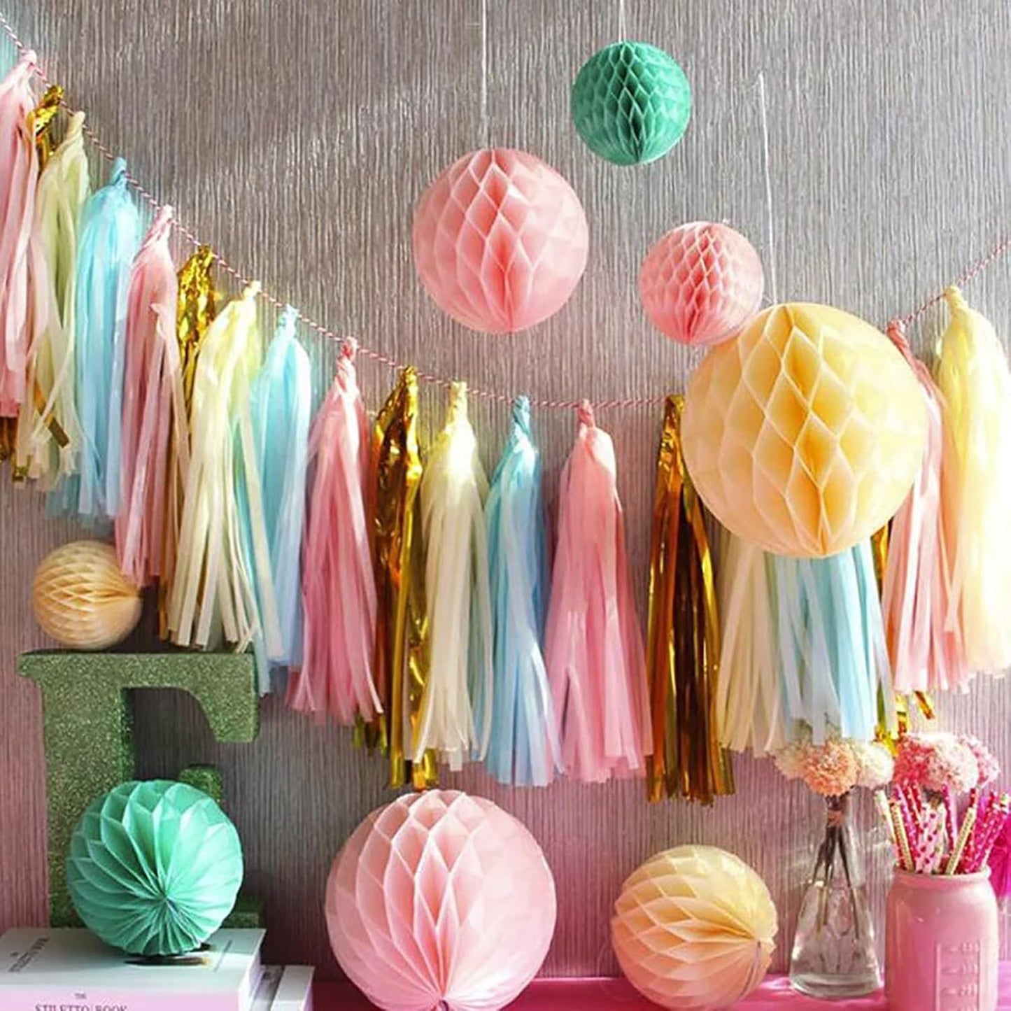 ZOOYOO Shiny Tassel Garland Tissue Paper Tassel Banner,Table Decor,DIY Kits for Party, Tassels Party Decoration,Pack of 20(Lavender,Light Blue,Mint,Silver)