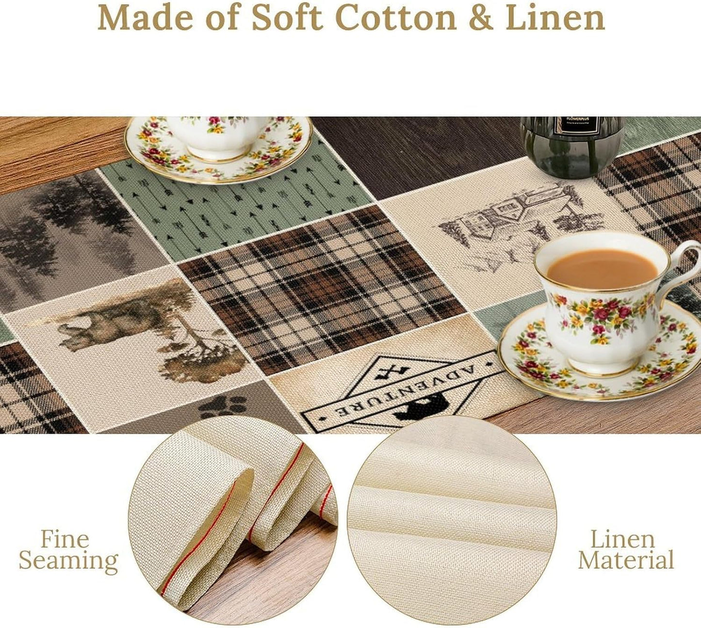 Bear Deer Table Runner,Rustic Lodge Retro Country Farmhouse Buffalo Plaid Print Tablecloth Burlap for Hotel Indoors Outdoor Dining Room Kitchen Home Decor,W13X L36 in