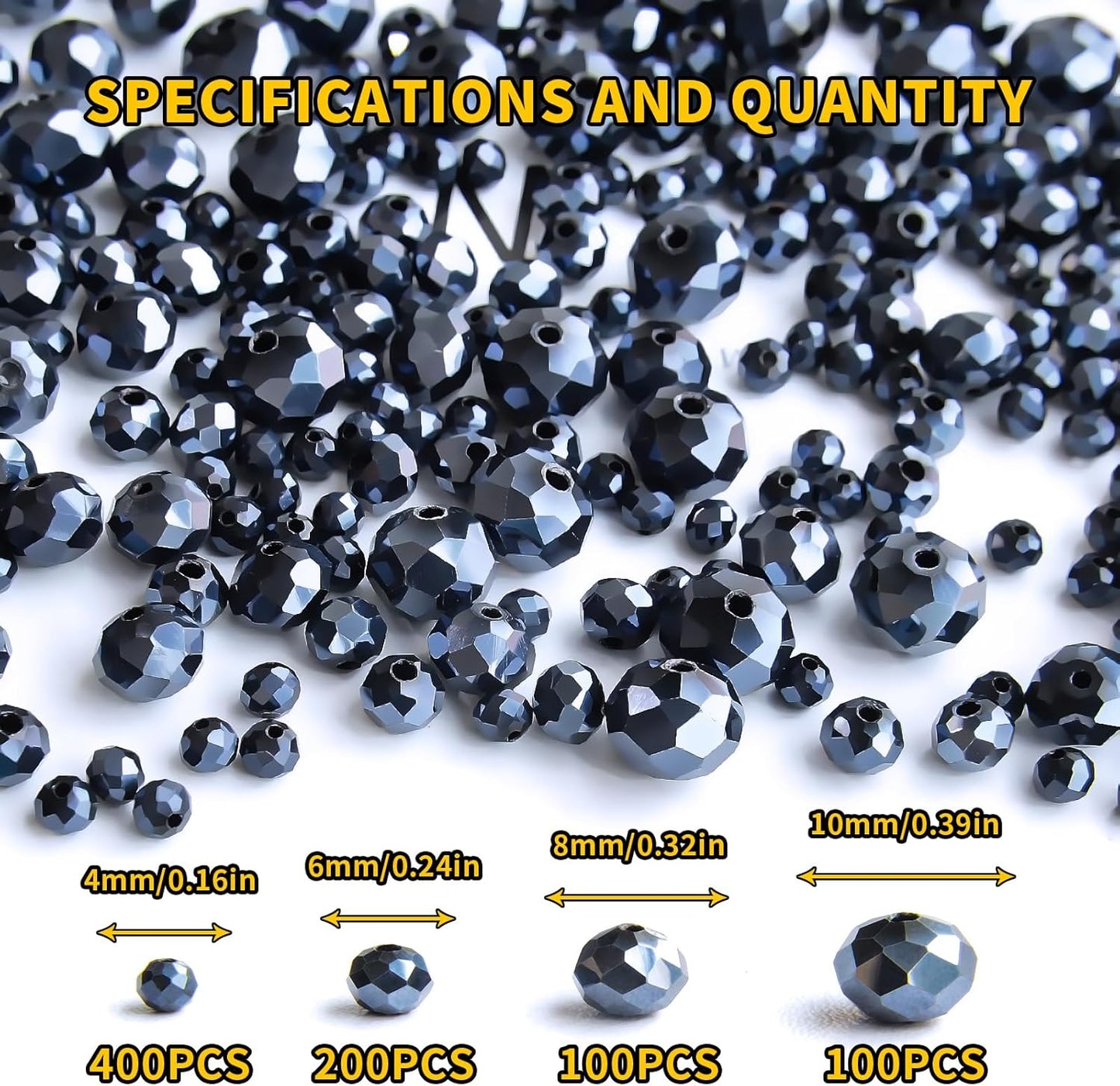 800Pcs 4/6/8/10mm Crystal Glass Beads for Jewelry Making Beads for Bracelets Necklace Pendants Making Supplies(Navy Blue)