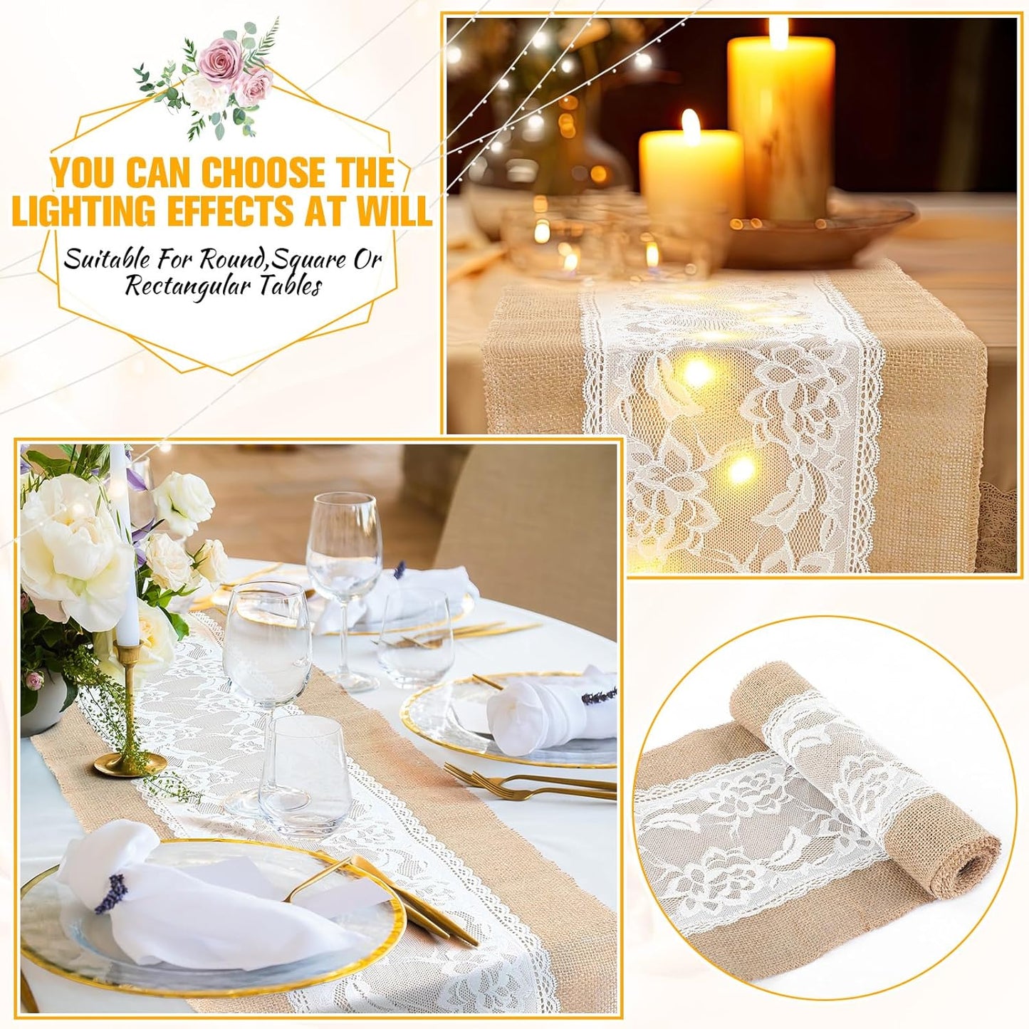 Xinnun 6 Pack Burlap Table Runner with LED String Lights, Modern Rustic Lace Natural Vintage Boho Jute Wedding Table Decor for Farmhouse Thanksgiving Christmas(Christmas Trim,12x70 Inches)