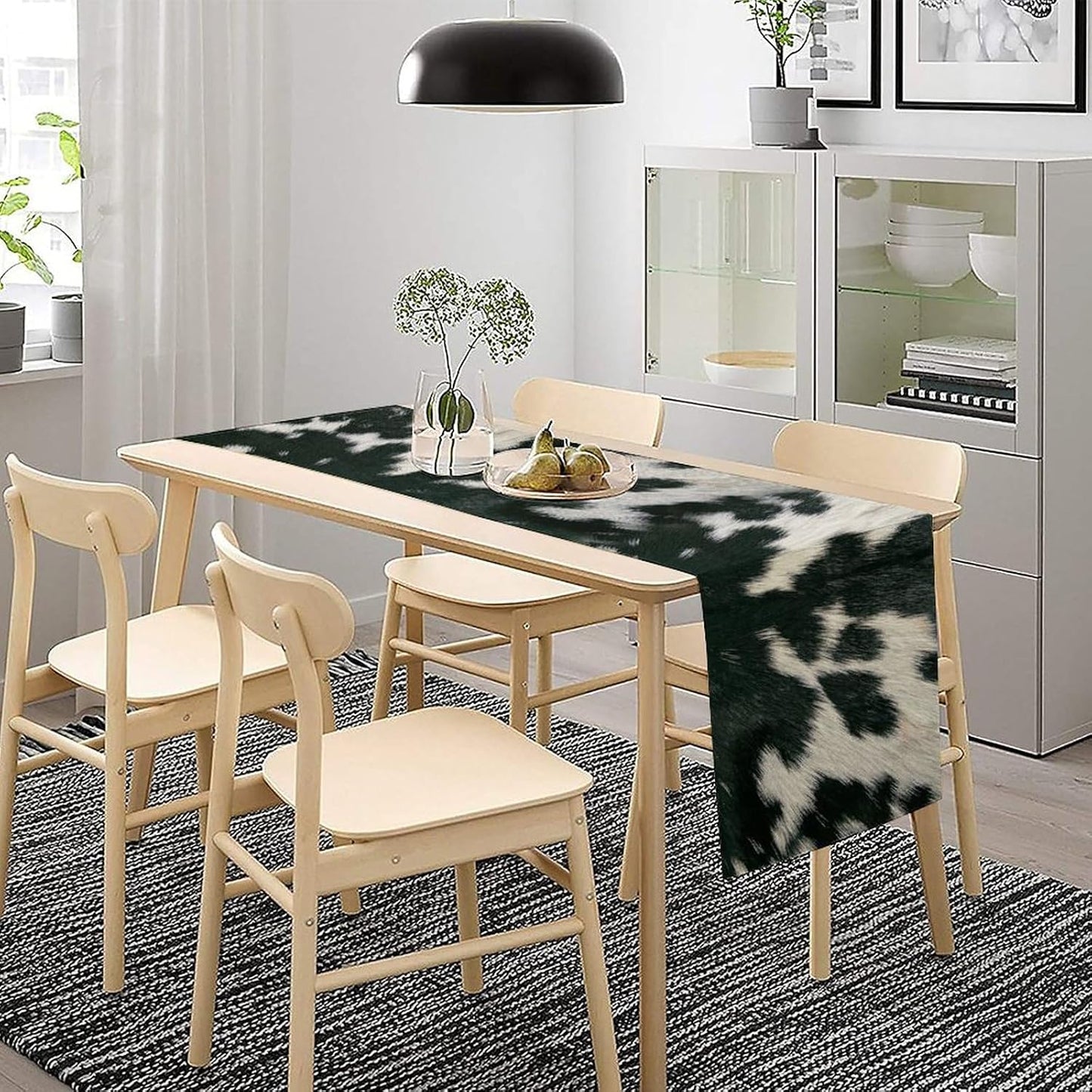 Cow Skin Print Table Runner, Rustic Country Farm Fur Skin Cowhide Pattern Western Style Black White Print Table Runner for Home Kitchen Dinning, 13x70 Inch