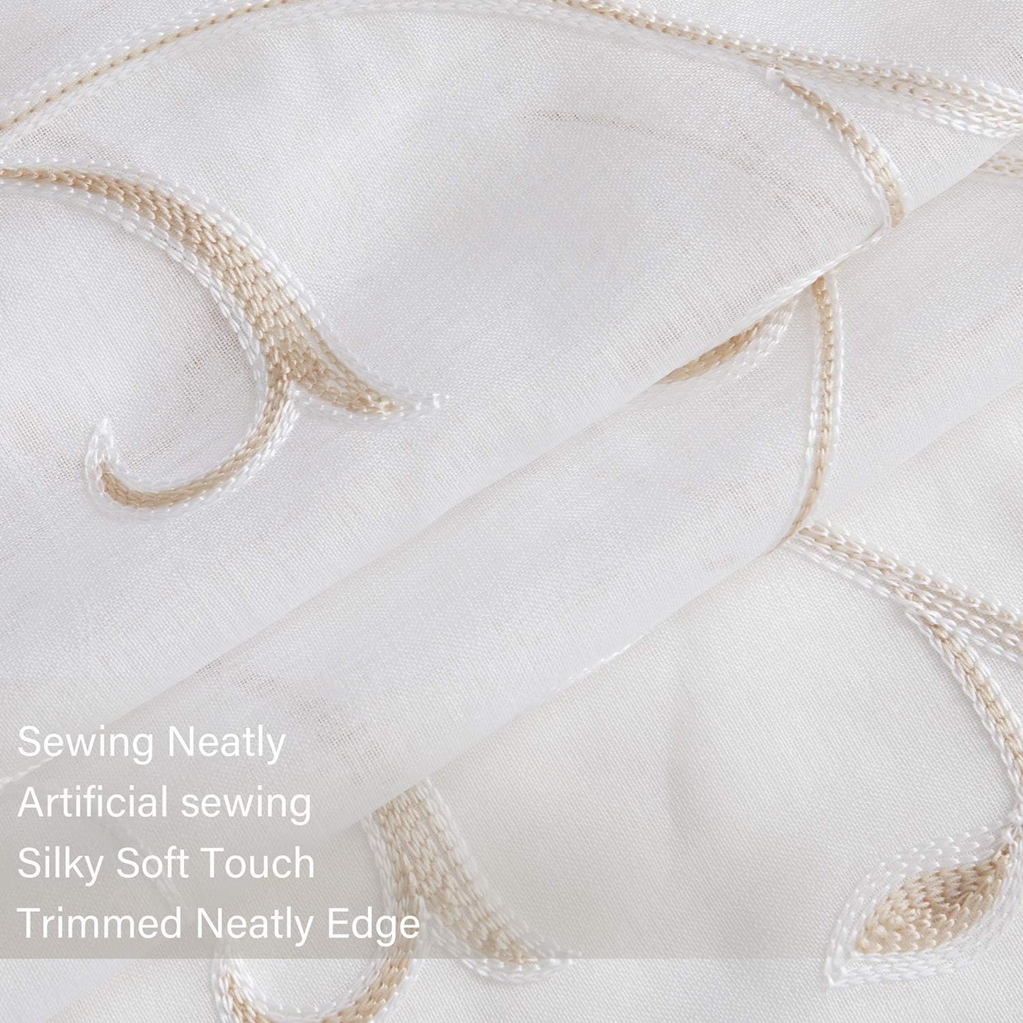 VISIONTEX White Sheer Voile Curtains, Decorative Beige Leaves Embroidery Faux Linen Rod Pocket Window Drapes for Home Kitchen, Living Room and Bedroom 54 x 95 Inch, Set of 2 Curtain Panels